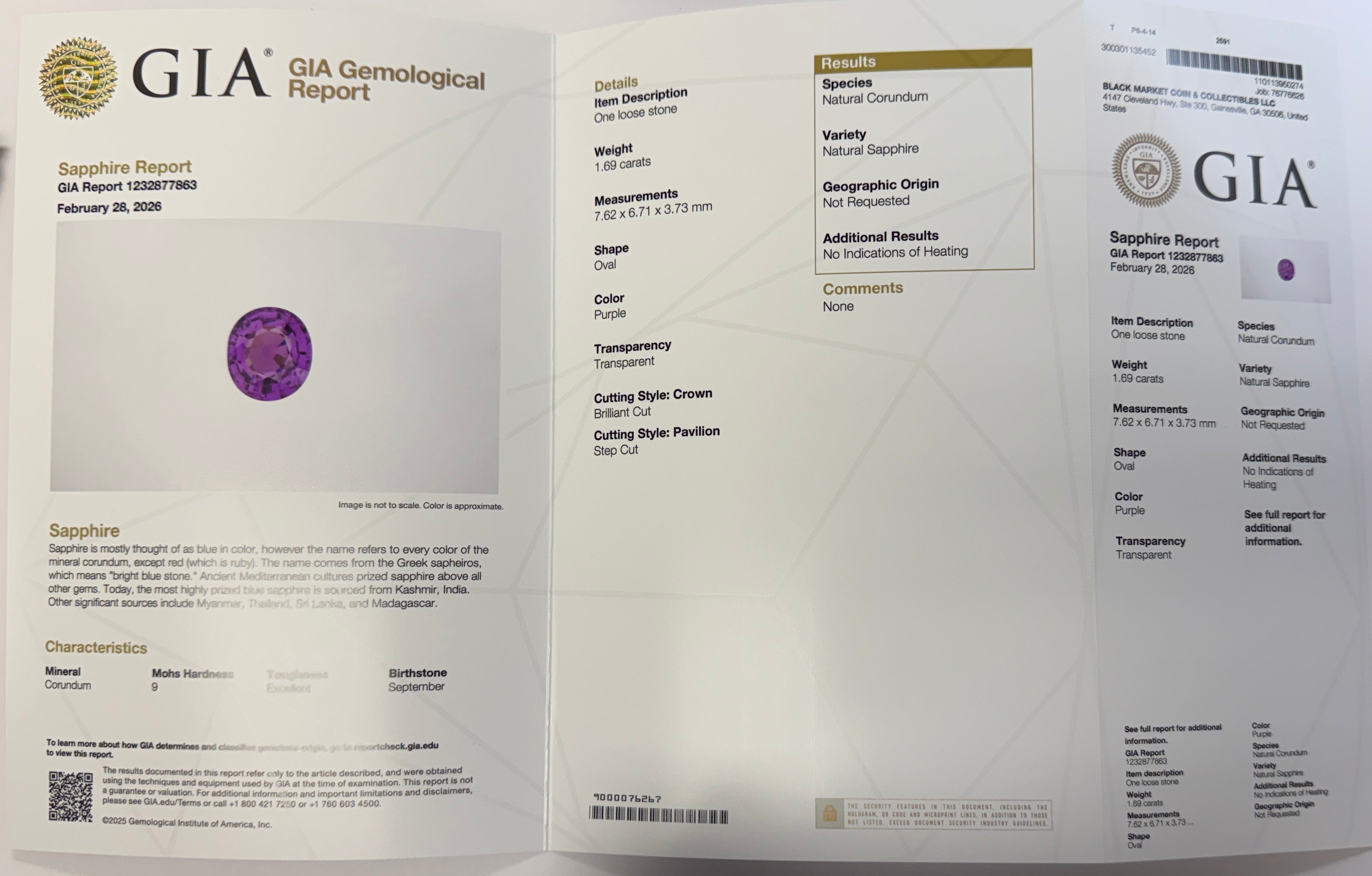 GIA Unheated Purple Sapphire 1.69ct Oval, Natural Sapphire, 7.62 x 6.71mm
