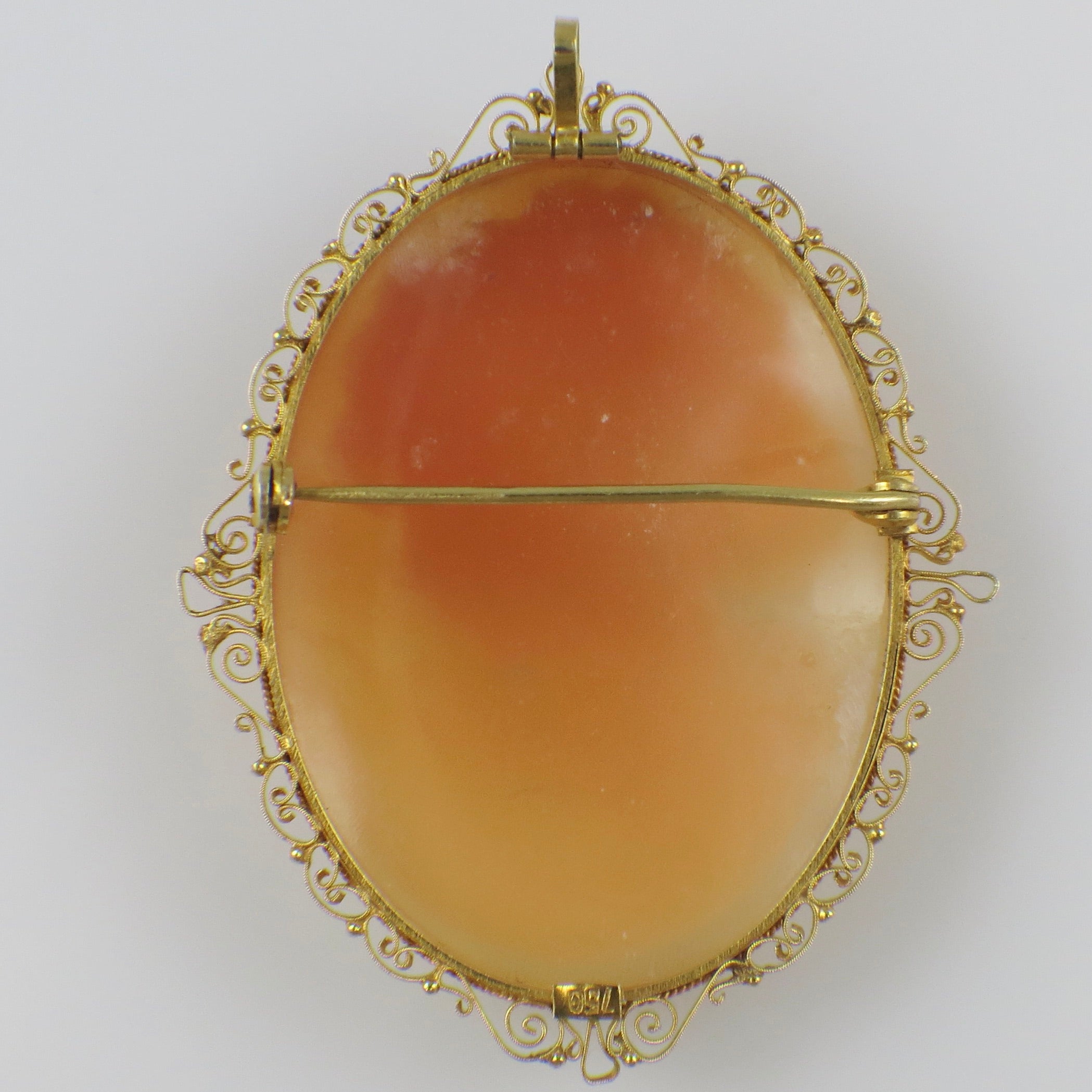 Extra Large Italian Hand Carved Shell Cameo Pendant Brooch in 18K Gold
