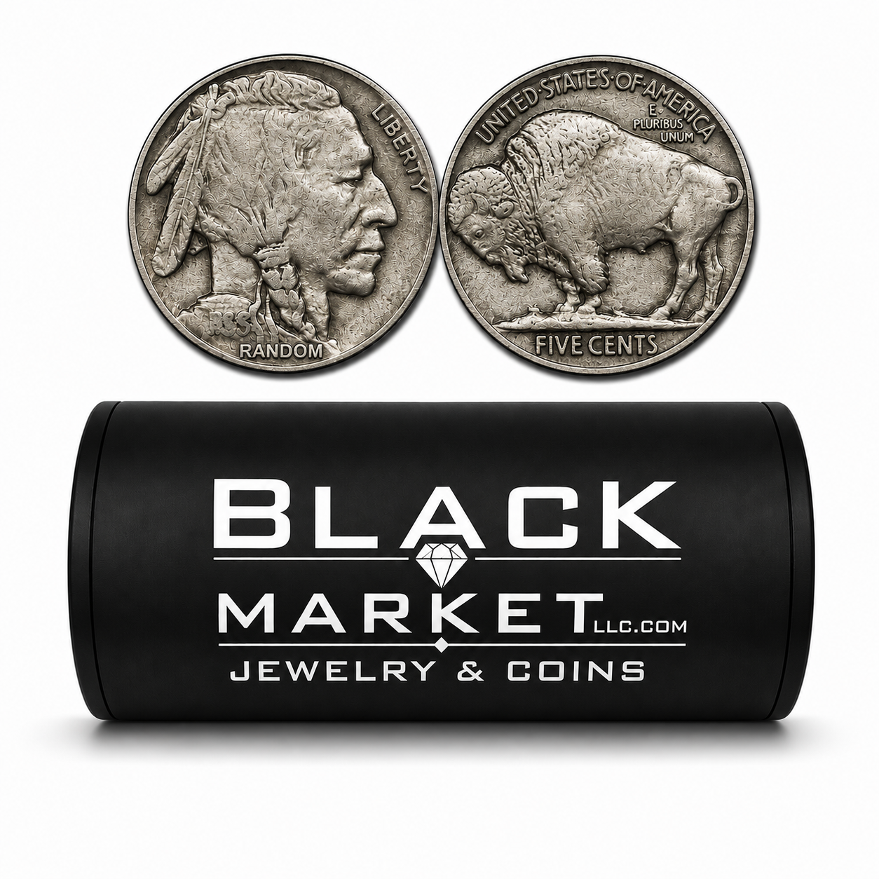 Box of 40 circulated Buffalo Nickel rolls featuring vintage U.S. coinage, bulk junk silver coins from Black Market LLC.