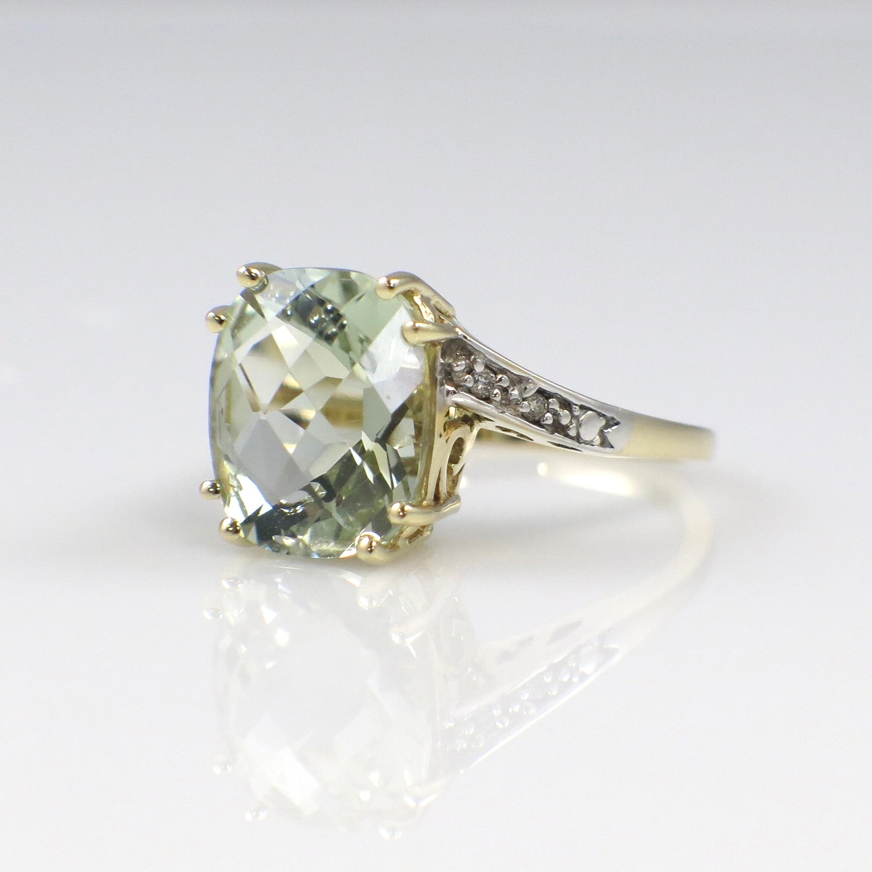 Vintage 14K Gold Prasiolite Quartz Ring with Diamond Accents