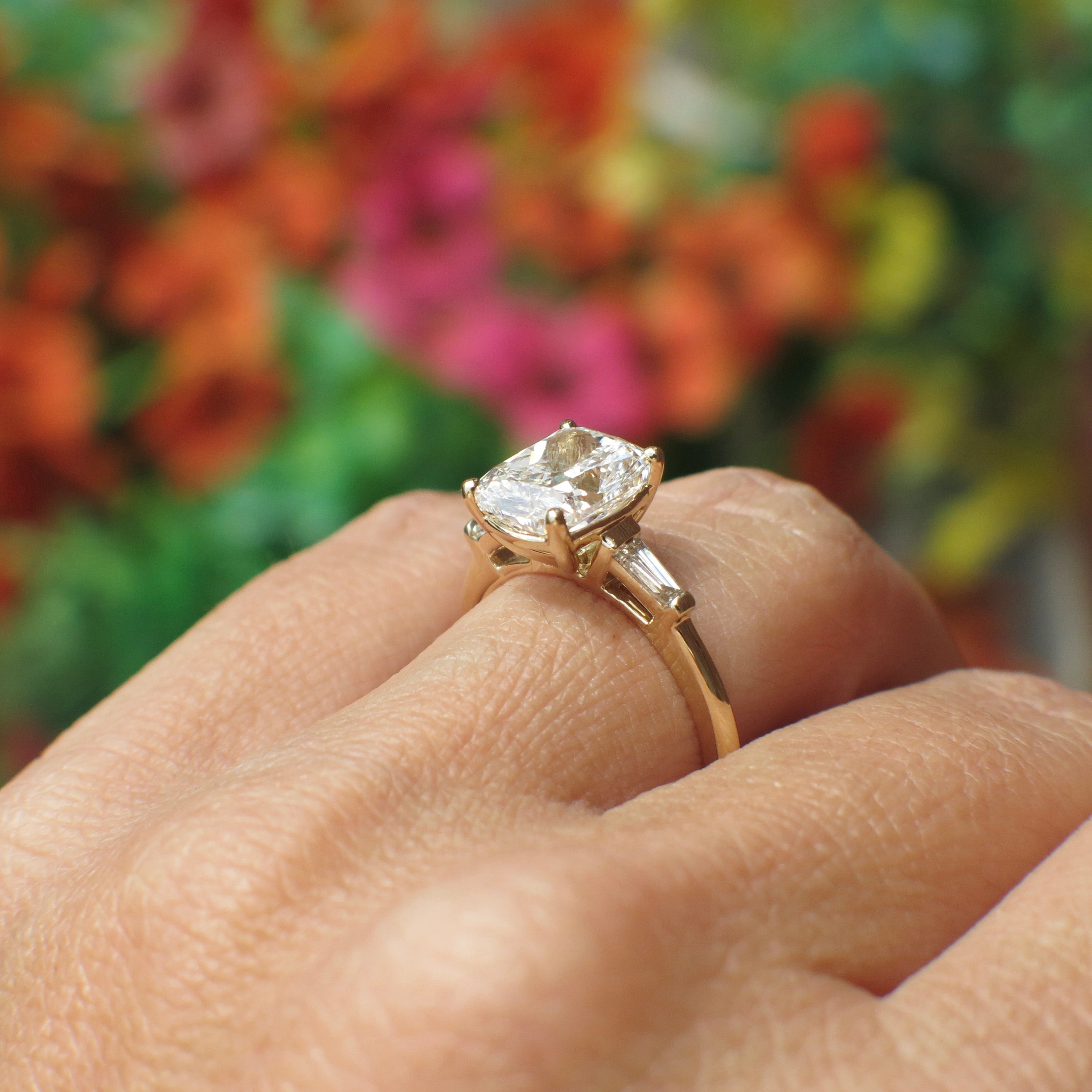 Custom 2.90 CTW Lab Grown Elongated Cushion Diamond Three Stone Engagement Ring in 14K Yellow Gold