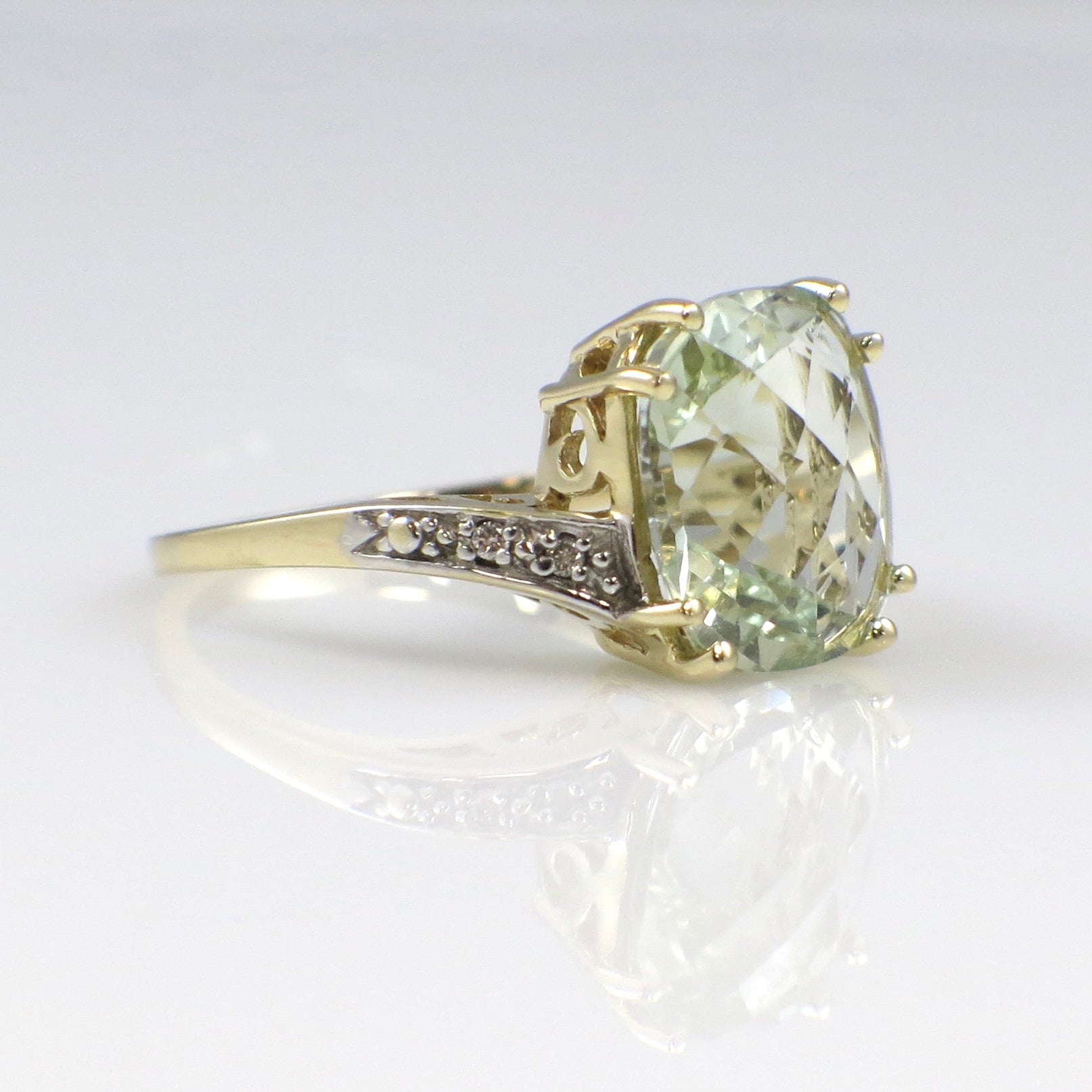 Vintage 14K Gold Prasiolite Quartz Ring with Diamond Accents