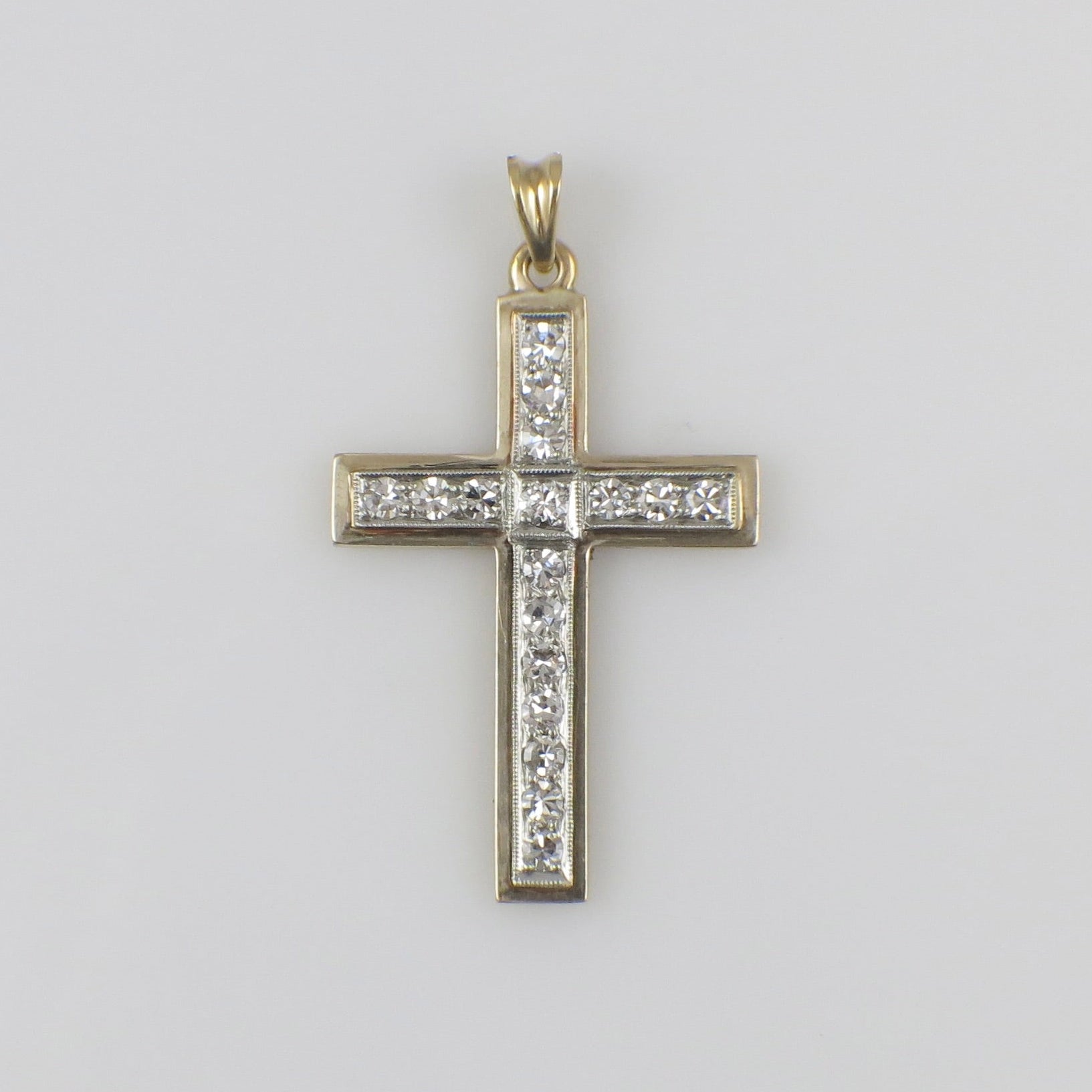 18K Gold Diamond Cross Pendant – Vintage Two-Tone Milgrain, 0.85 CTW