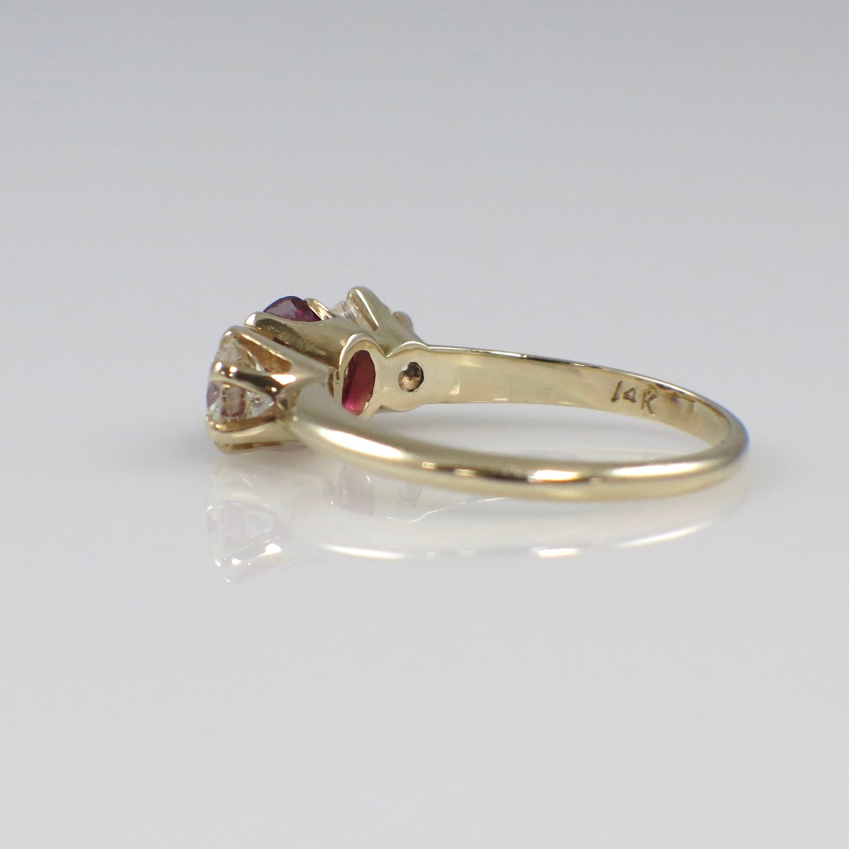 14K yellow gold ruby and diamond three-stone ring with vintage style, 1.00ctw, size 5.75, by Black Market LLC