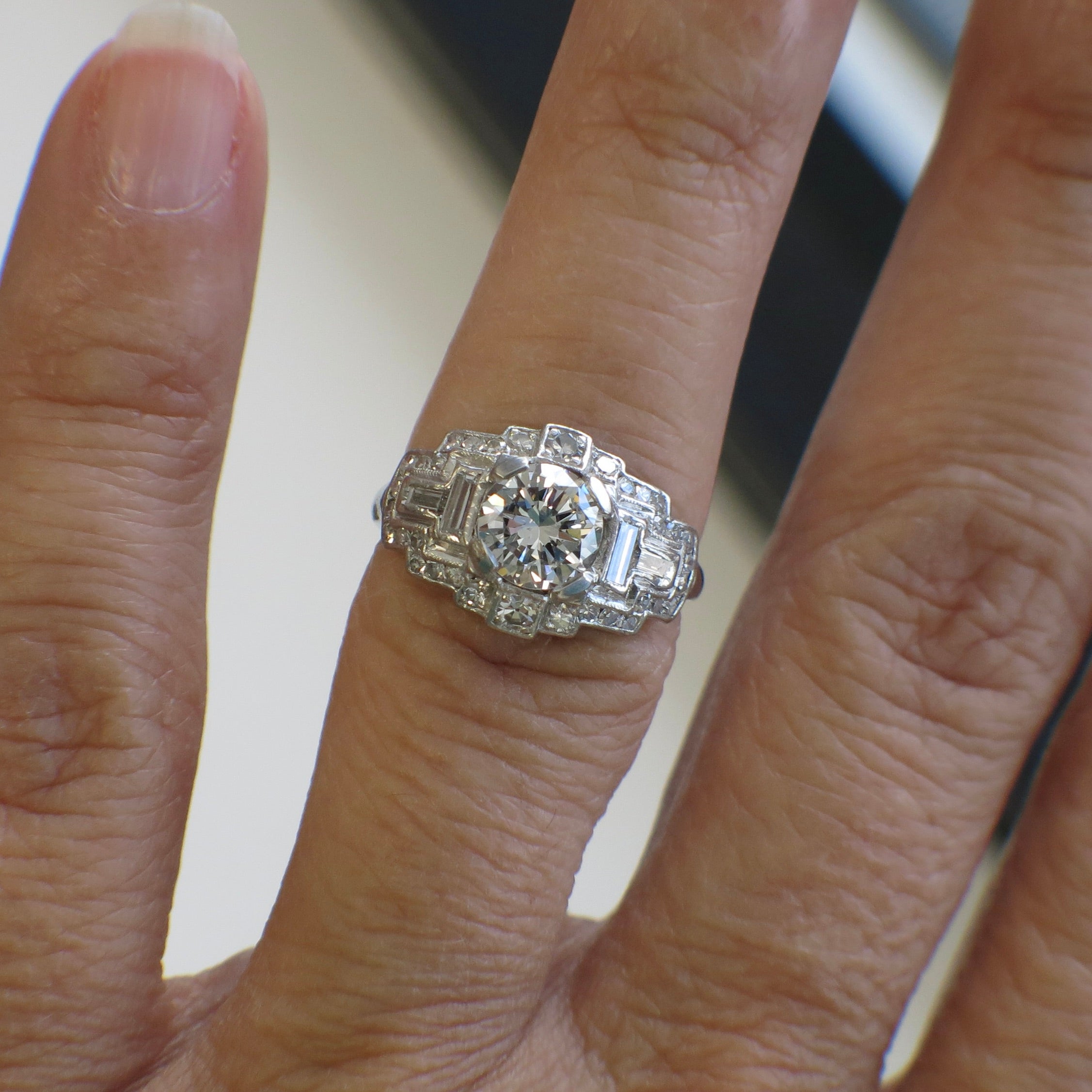 Art Deco platinum diamond engagement ring with 0.88ct E SI1 GIA certified diamonds, vintage style by Lillian James Bridal