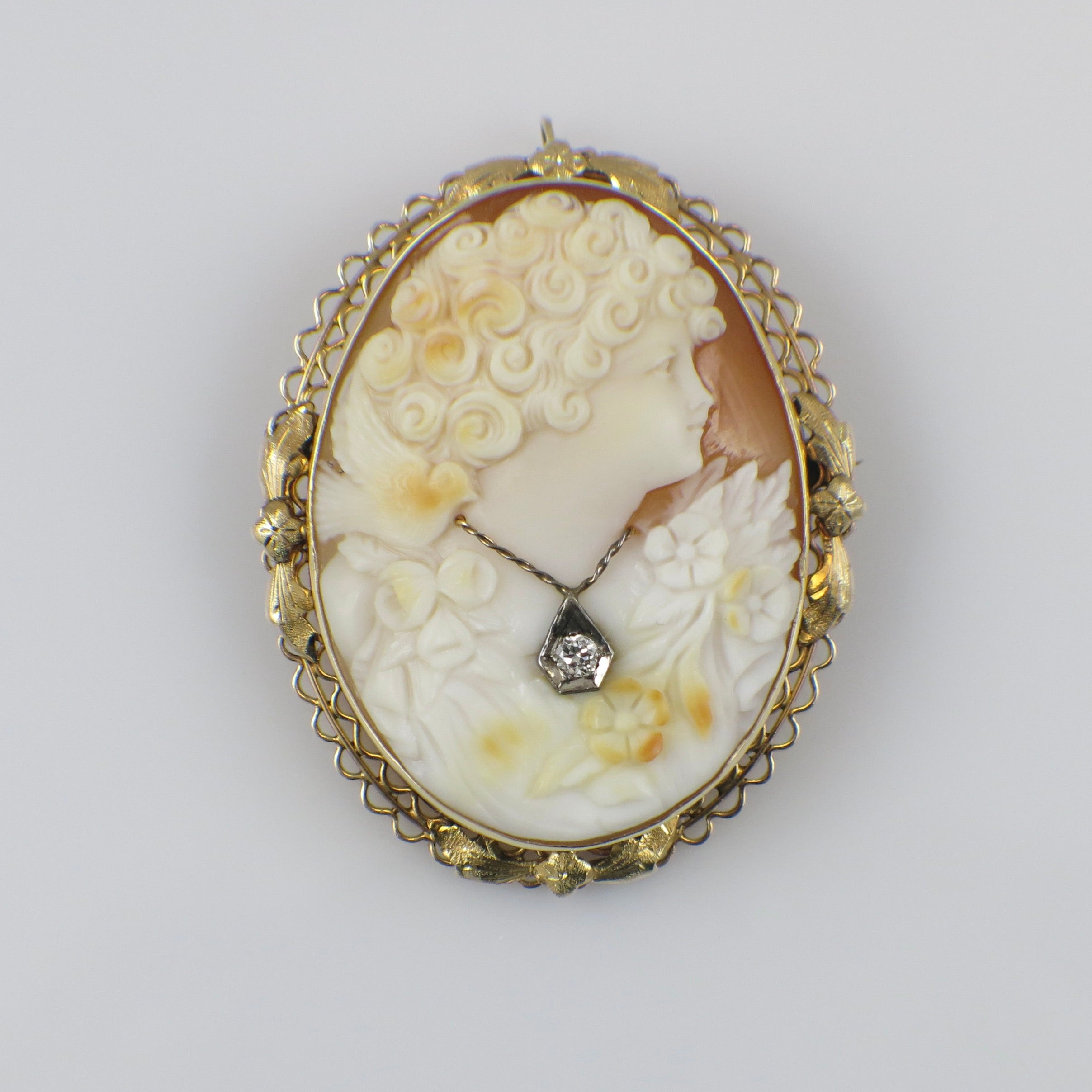 Large Vintage Hand Carved Shell Cameo Brooch Pendant in 14K Gold with Diamond Accent