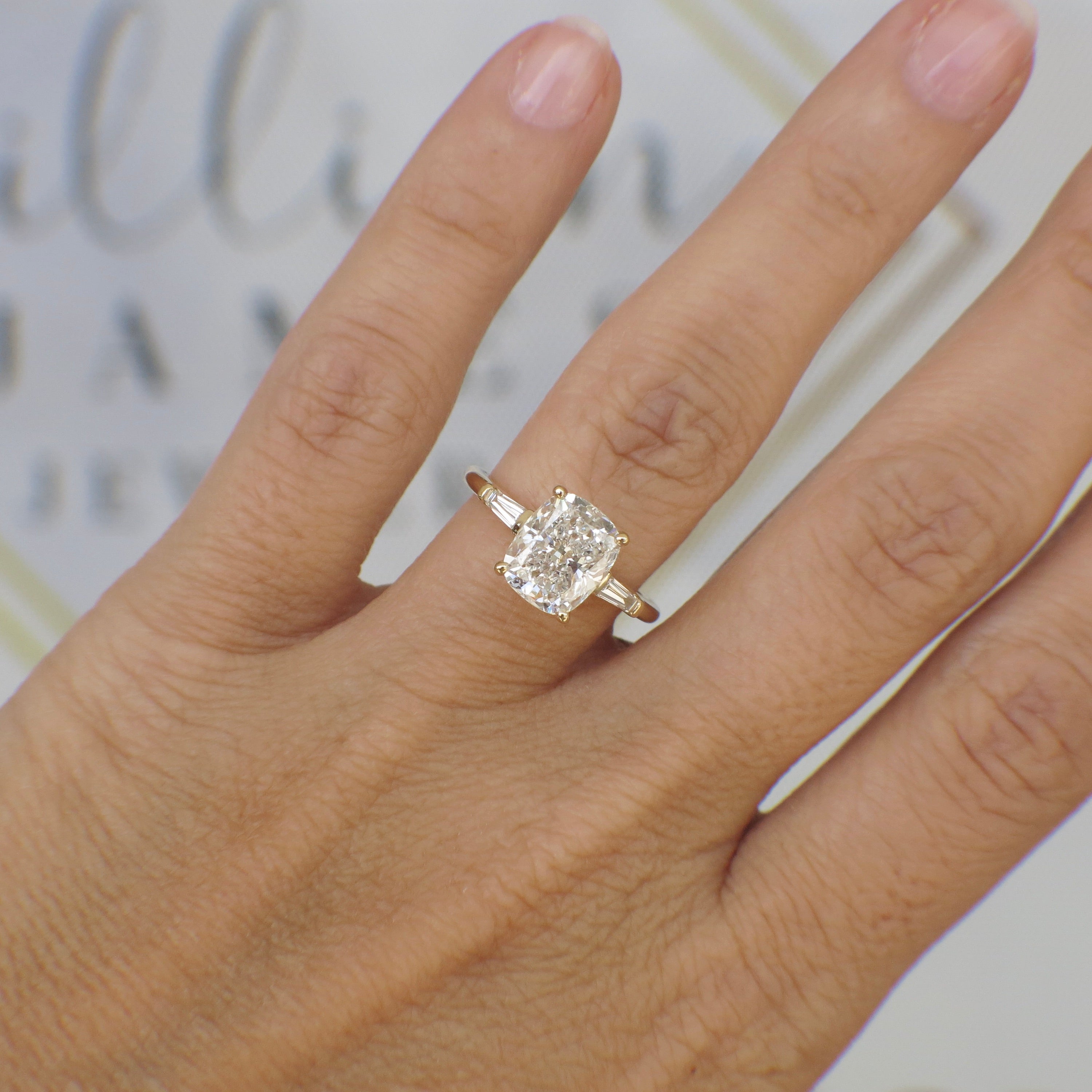 Custom 2.90 CTW Lab Grown Elongated Cushion Diamond Three Stone Engagement Ring in 14K Yellow Gold