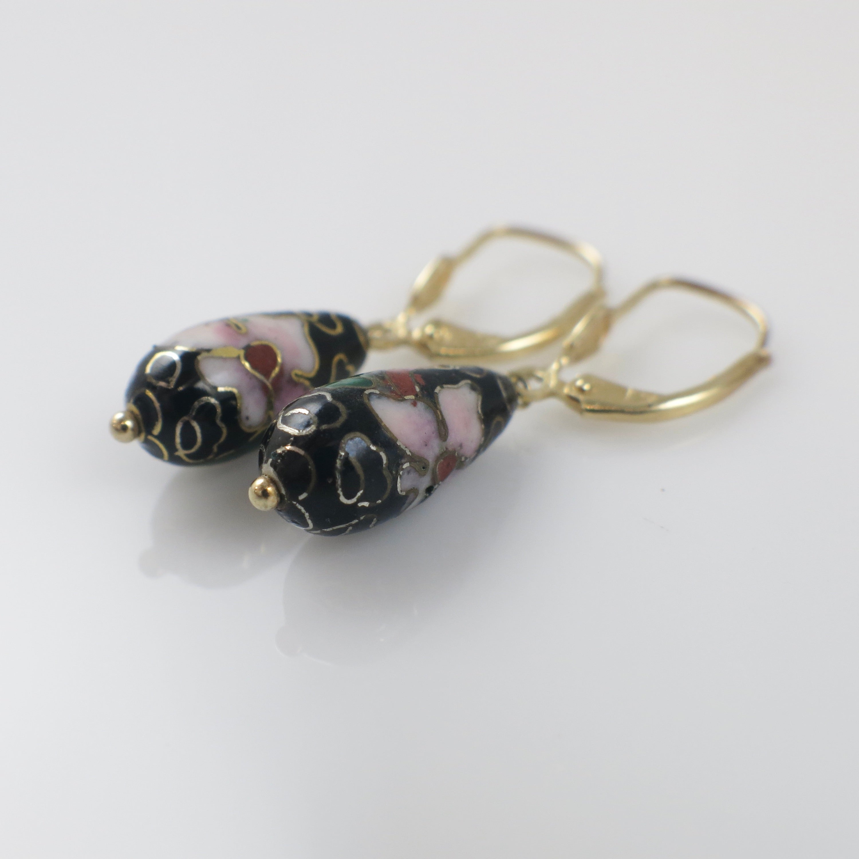 Vintage Cloisonné Enamel Drop Earrings in 14K Gold