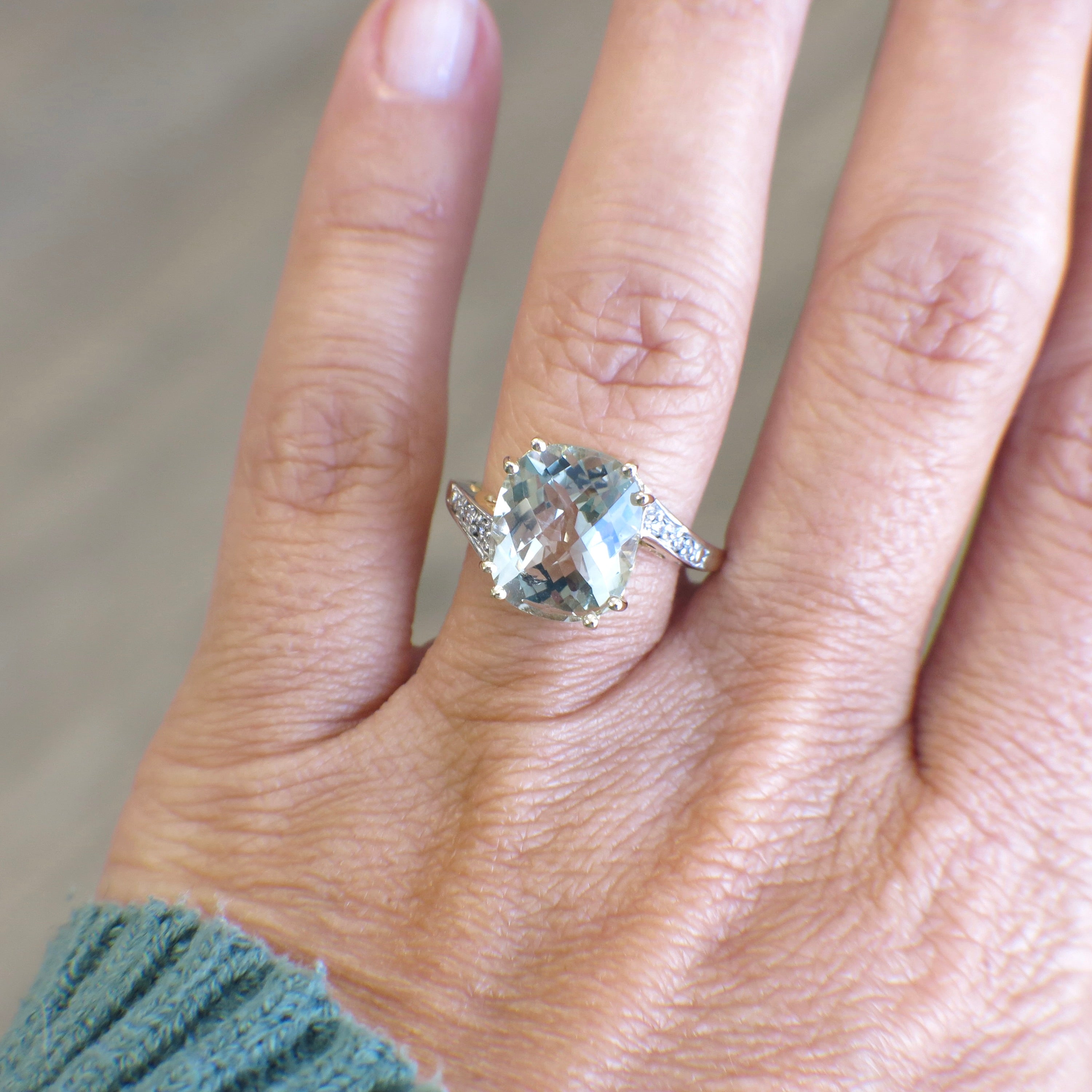 Vintage 14K Gold Prasiolite Quartz Ring with Diamond Accents