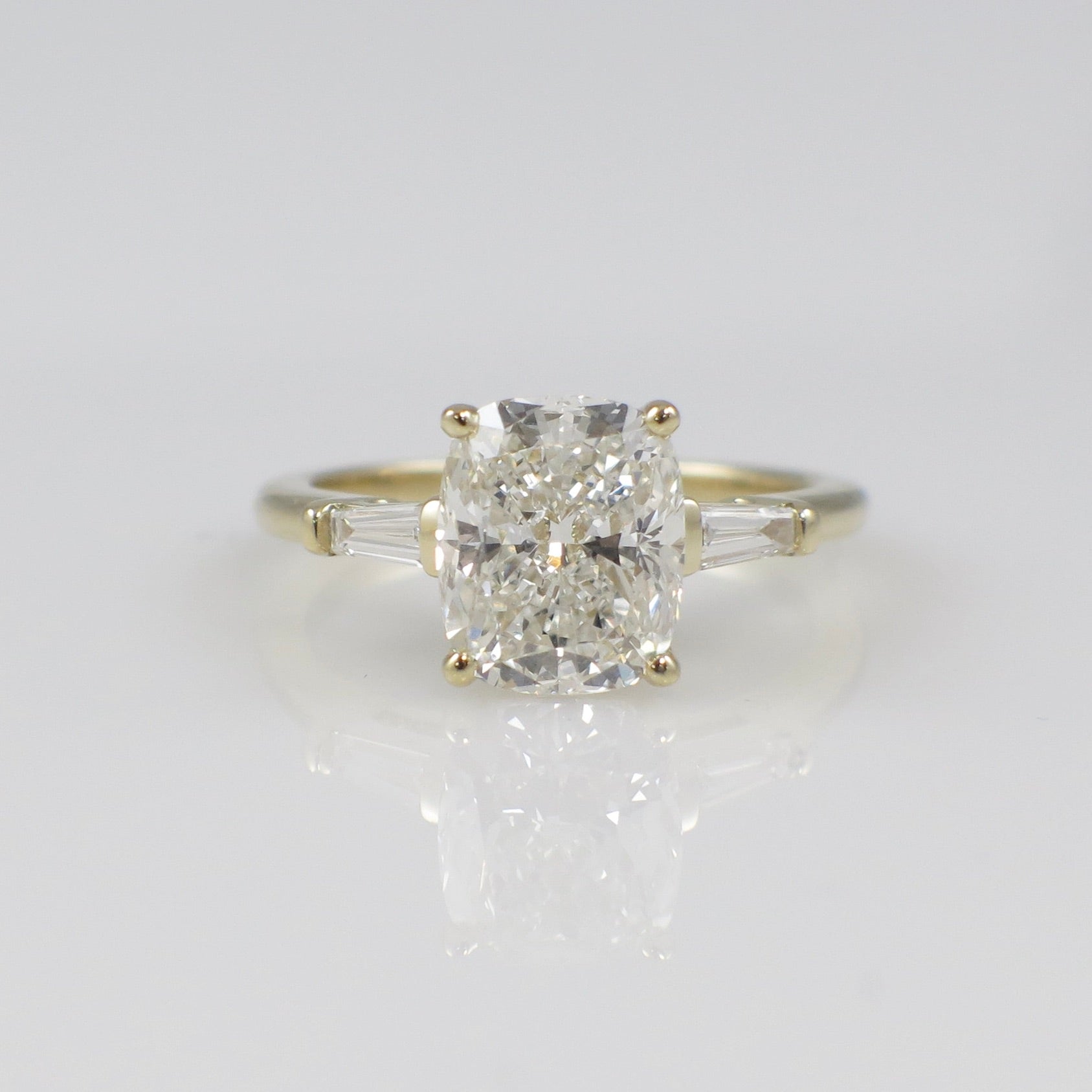 Custom 2.90 CTW Lab Grown Elongated Cushion Diamond Three Stone Engagement Ring in 14K Yellow Gold