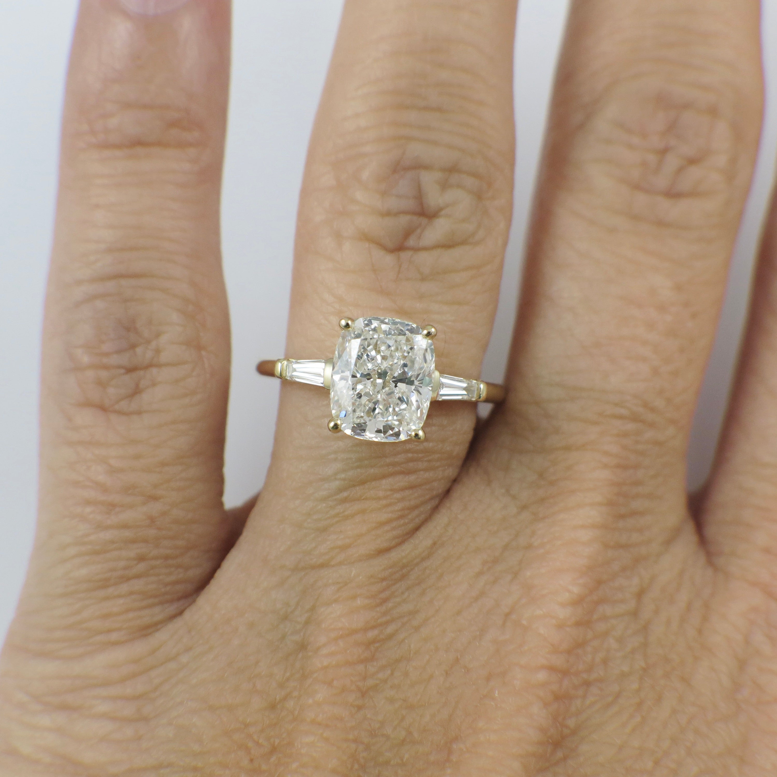 Custom 2.90 CTW Lab Grown Elongated Cushion Diamond Three Stone Engagement Ring in 14K Yellow Gold