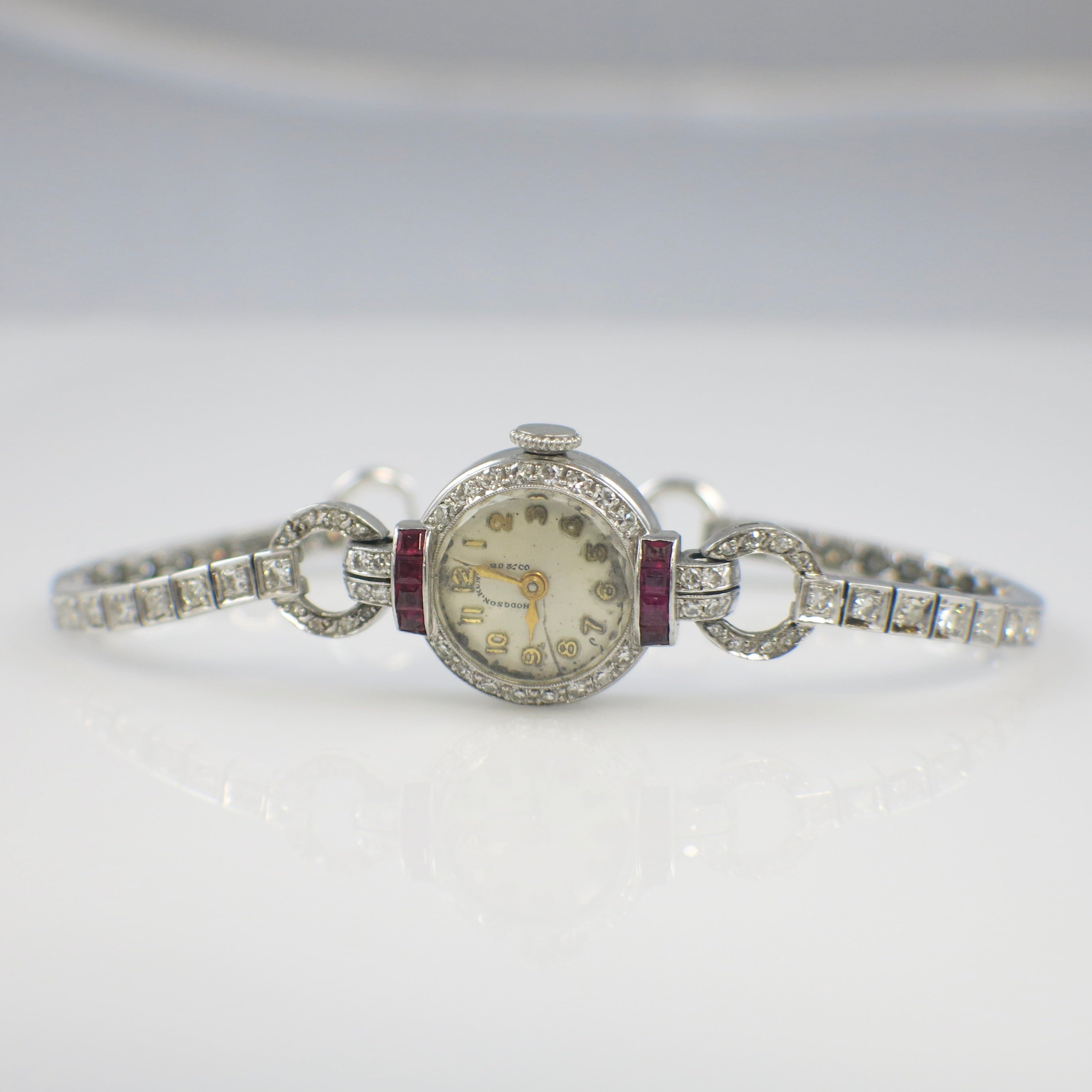 Vintage 1940 Hodgson, Kennard & Co. 14K Gold Ruby and Diamond Watch Bracelet (1.46ctw Diamonds, Natural Rubies, Cresarrow Case, Non-Working) - Black Market LLC