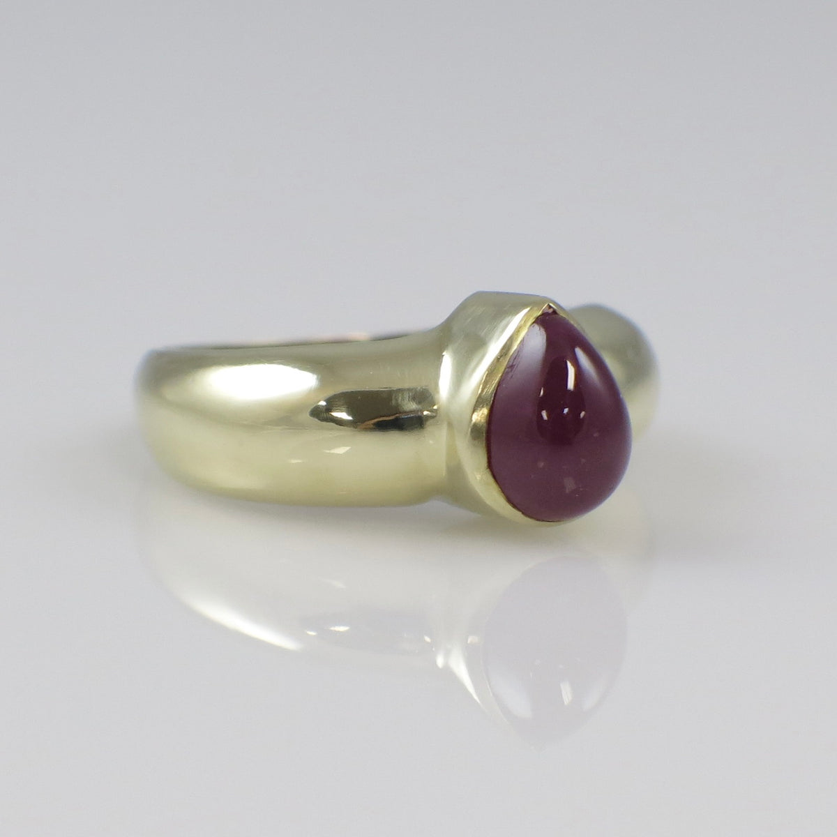 Vintage 14K yellow gold ring with pear-shaped cabochon ruby bezel setting, showcasing intricate craftsmanship and elegant design.