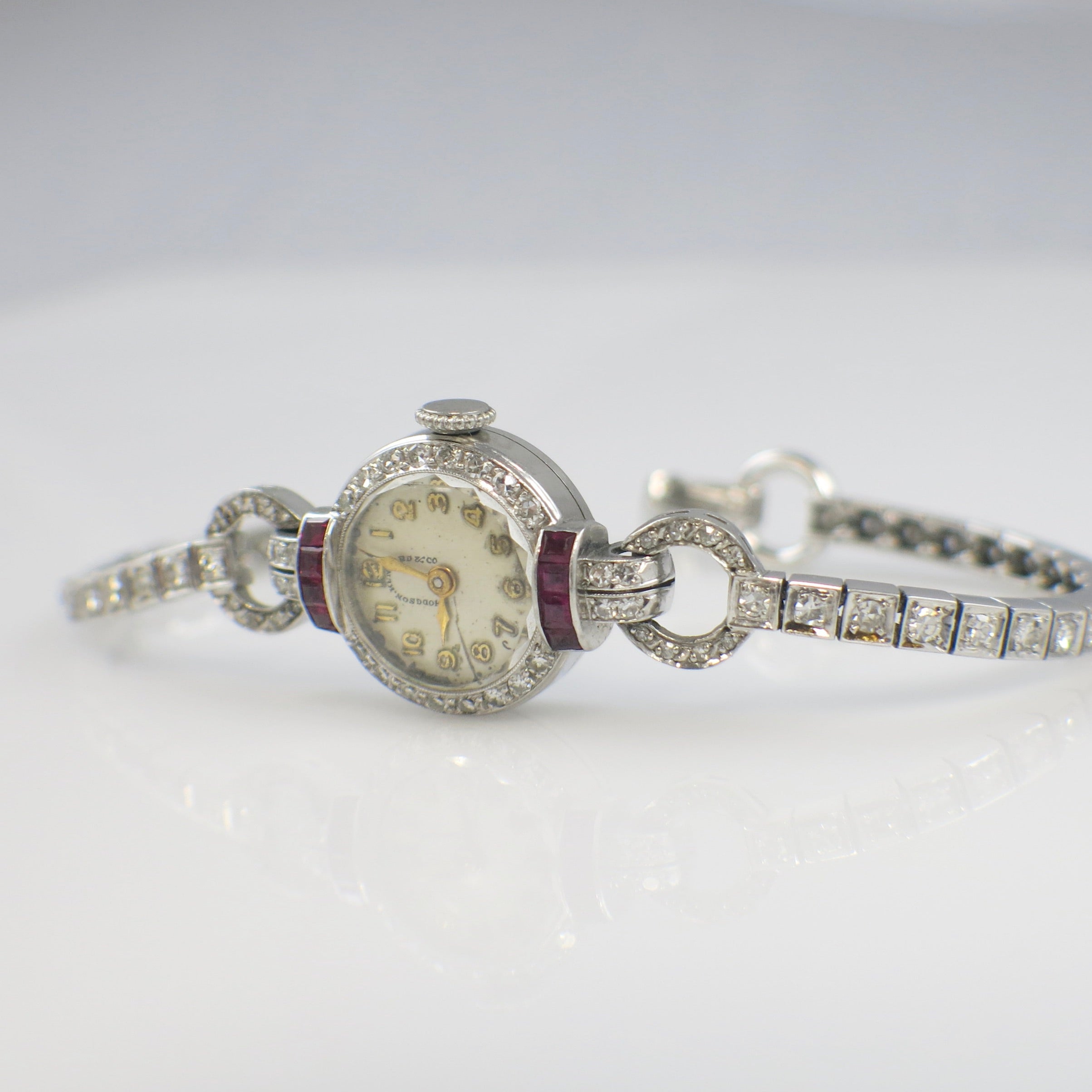 Vintage 1940 Hodgson, Kennard & Co. 14K Gold Ruby and Diamond Watch Bracelet (1.46ctw Diamonds, Natural Rubies, Cresarrow Case, Non-Working) - Black Market LLC