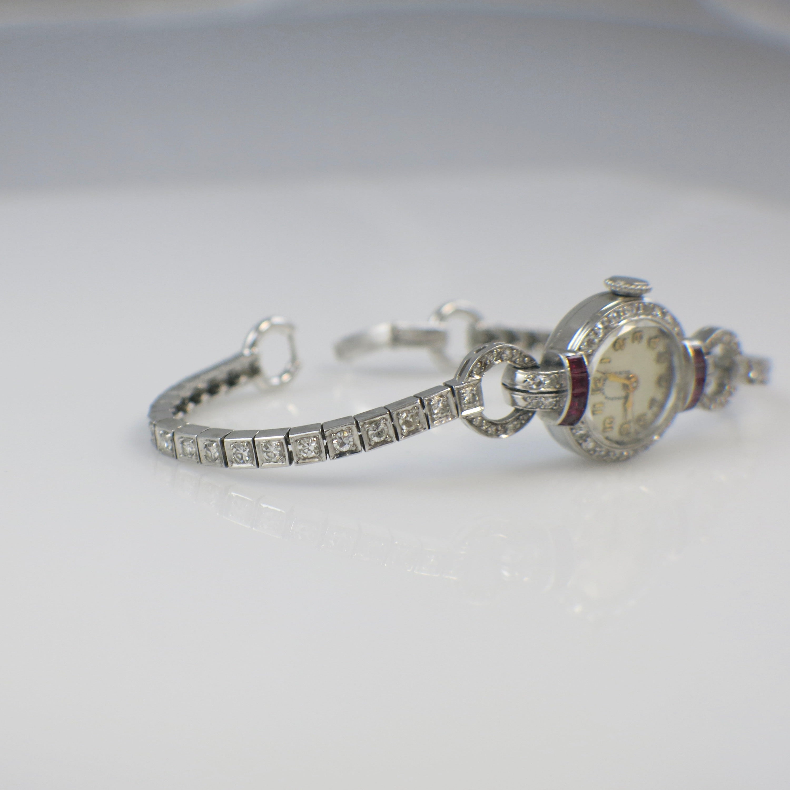 Vintage 1940 Hodgson, Kennard & Co. 14K Gold Ruby and Diamond Watch Bracelet (1.46ctw Diamonds, Natural Rubies, Cresarrow Case, Non-Working) - Black Market LLC