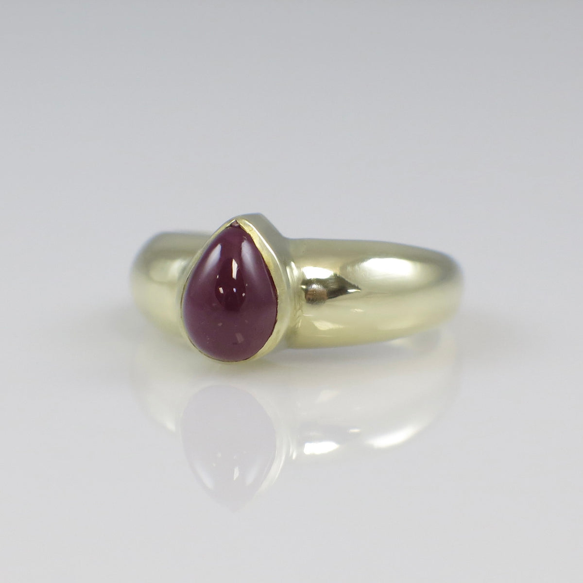 Vintage 14K yellow gold ring with a pear-shaped cabochon ruby bezel setting, featuring elegant craftsmanship and classic style.
