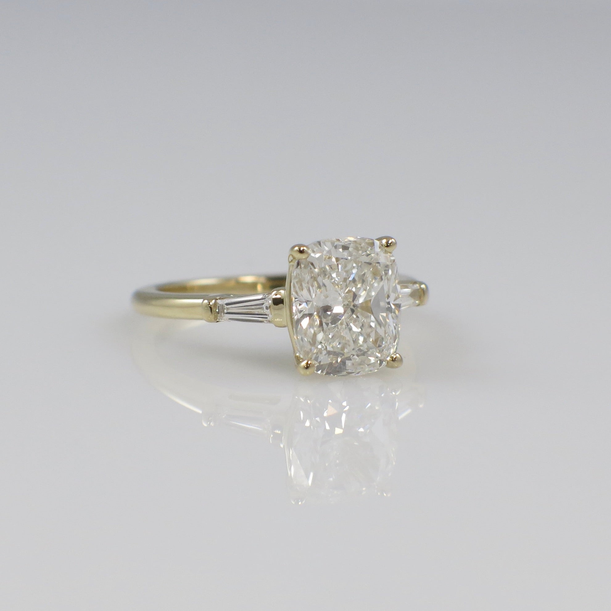 Custom 2.90 CTW Lab Grown Elongated Cushion Diamond Three Stone Engagement Ring in 14K Yellow Gold