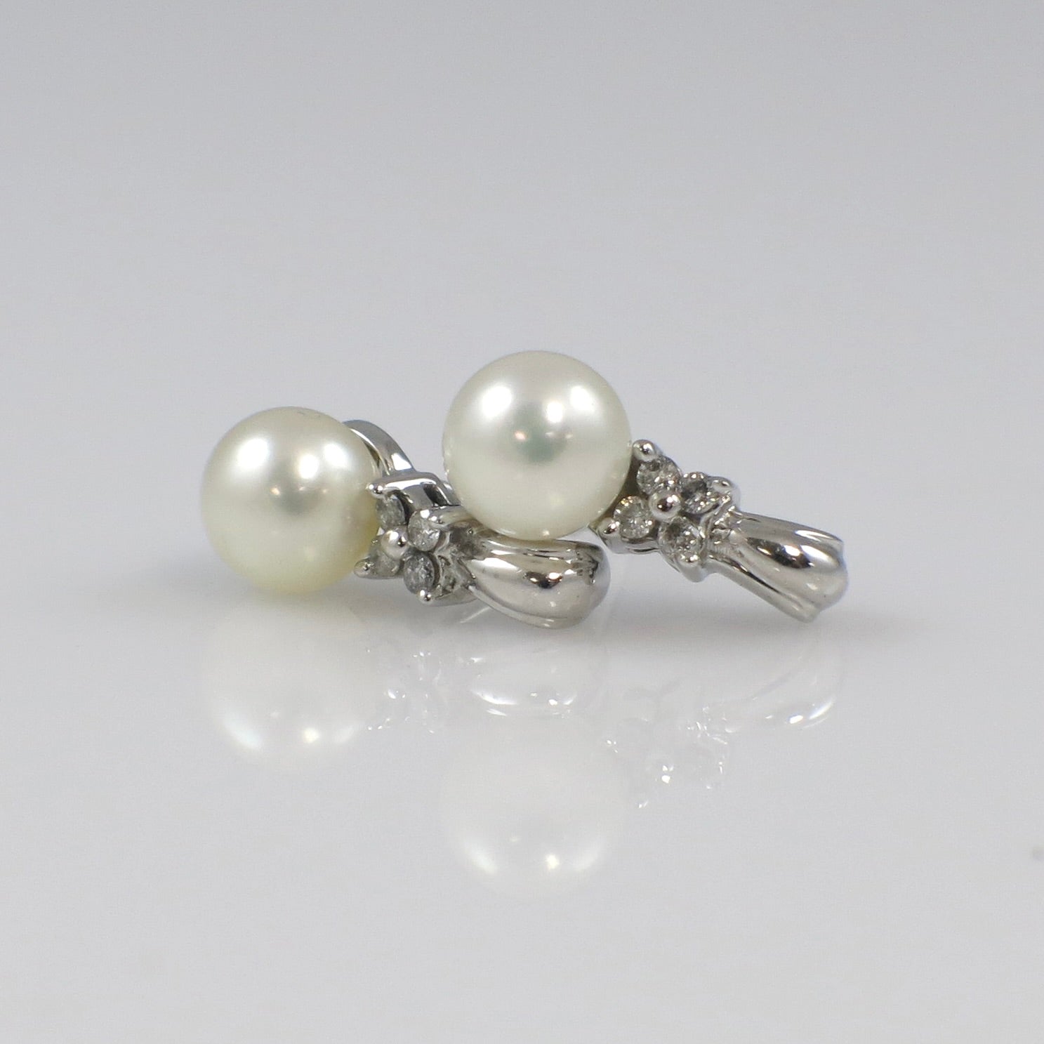 10K White Gold Pearl and Diamond Earrings | Floral Studs with 6mm Pearls
