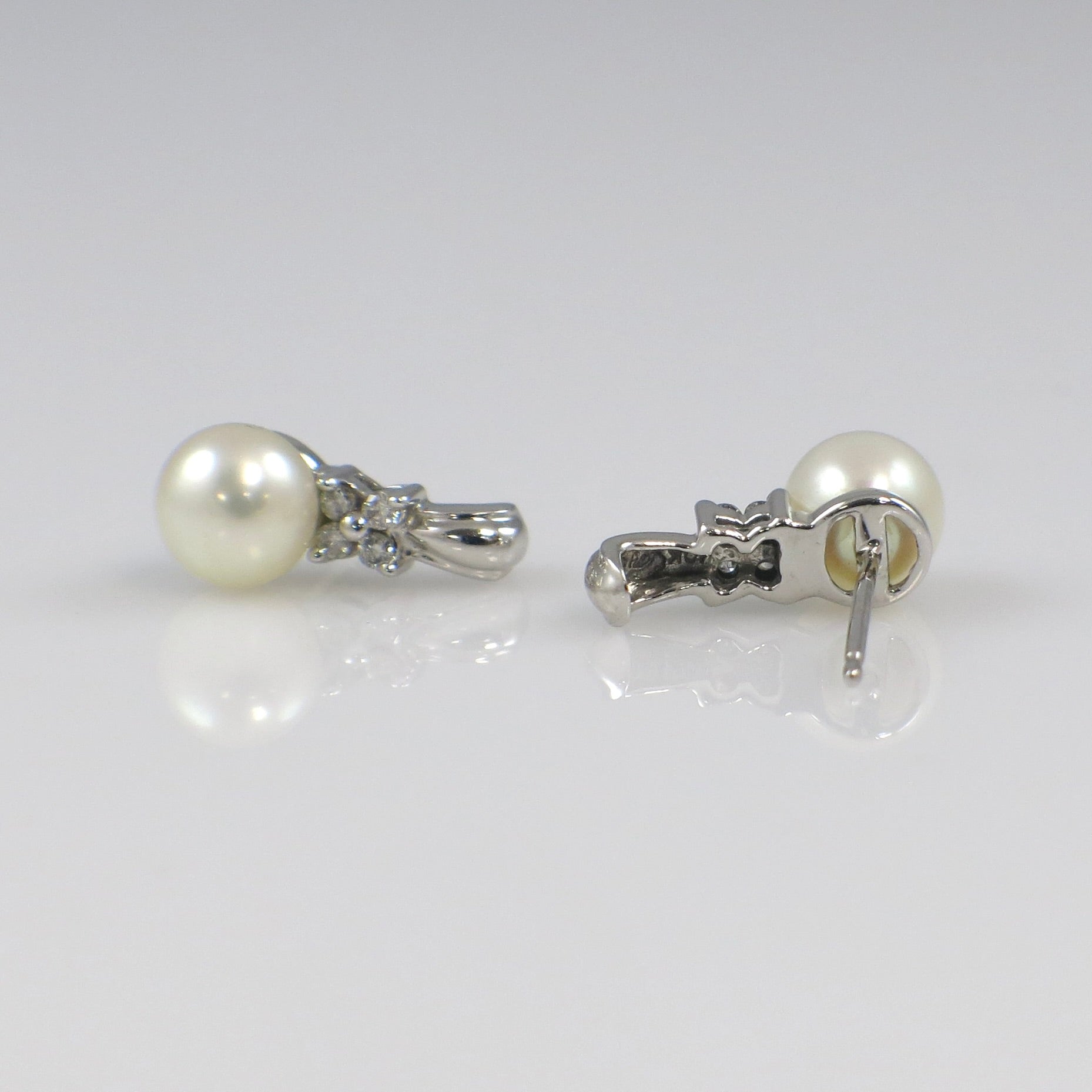10K White Gold Pearl and Diamond Earrings | Floral Studs with 6mm Pearls