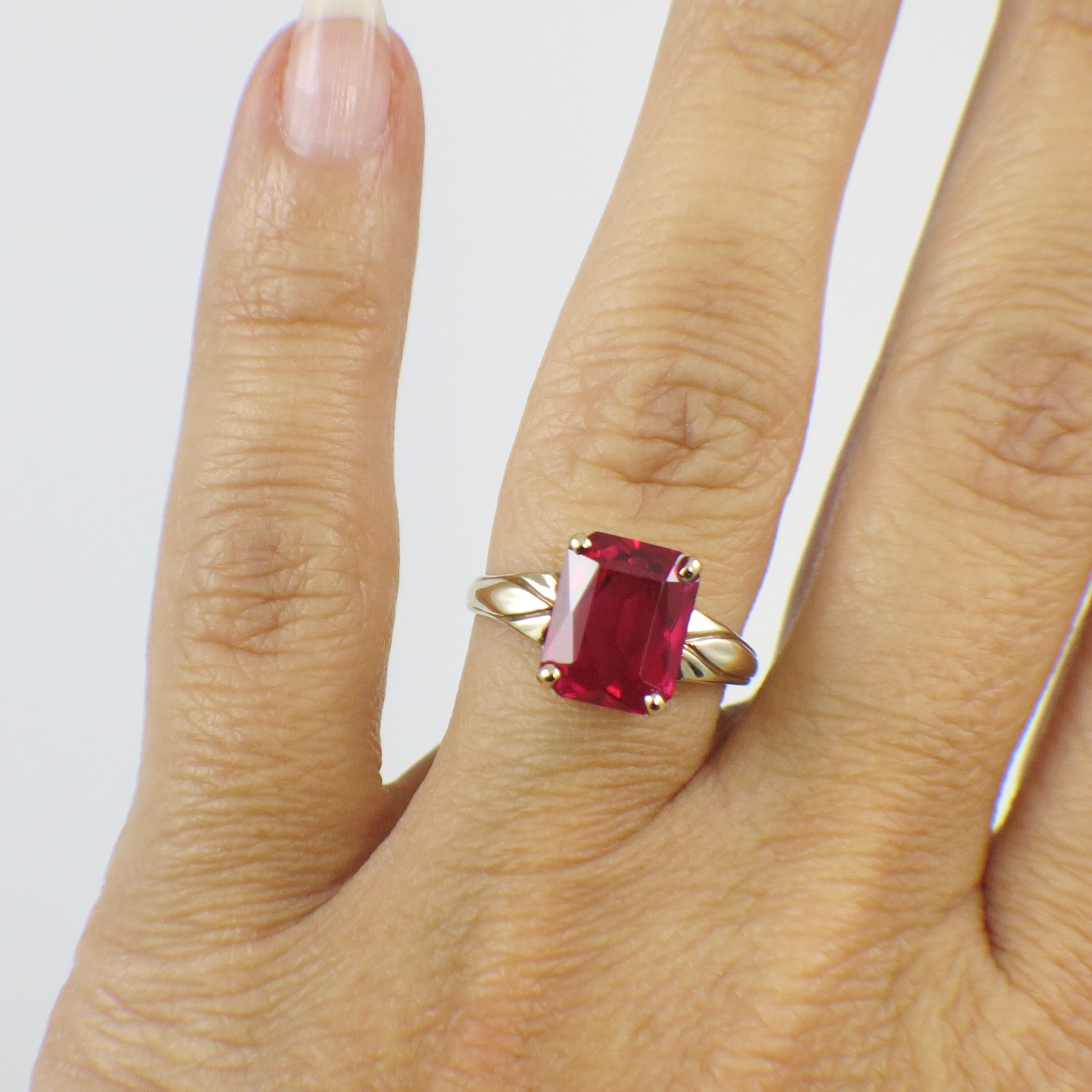 10K Yellow Gold Emerald Cut Synthetic Ruby Statement Ring – Size 5.25