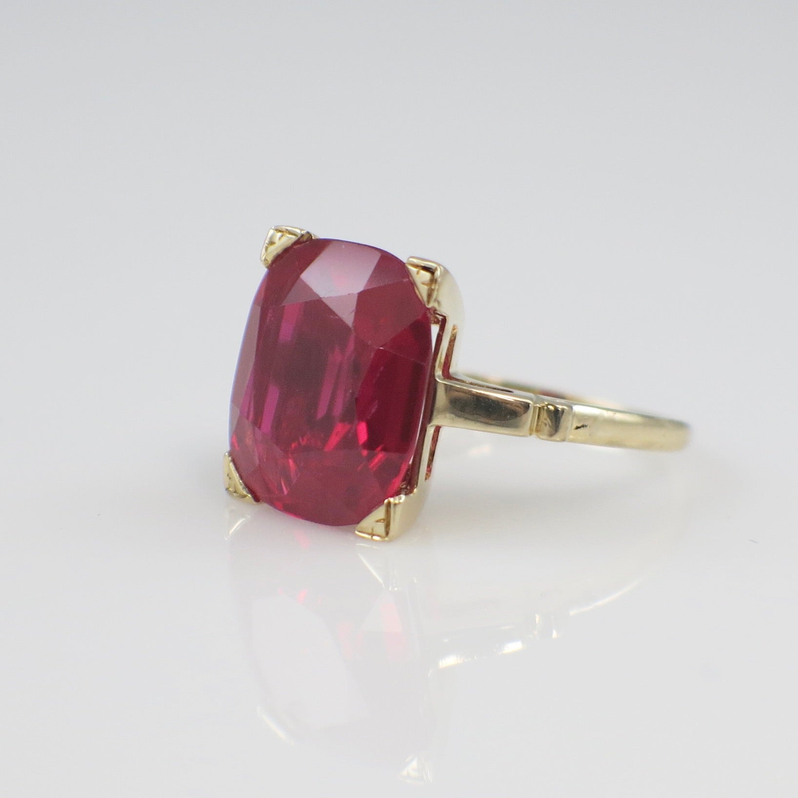 14K Yellow Gold Cushion Synthetic Ruby Prong Set Ring – Bold Statement Jewelry