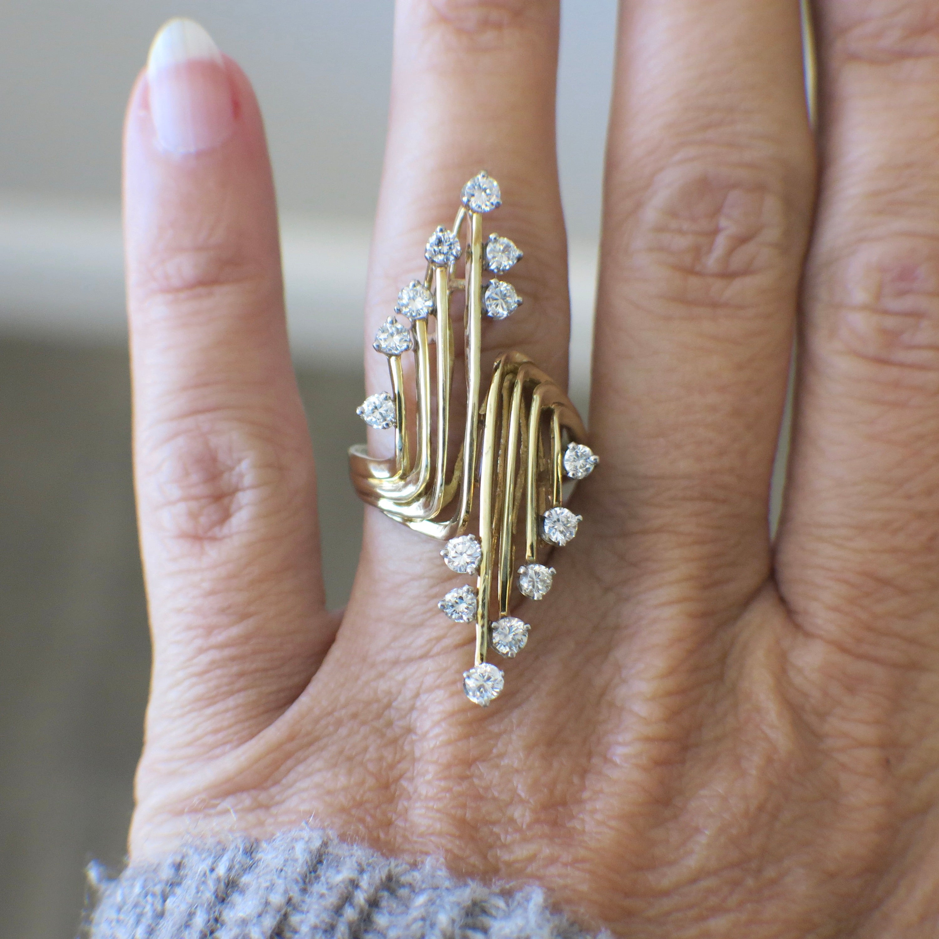 18K Yellow Gold Diamond Fan Ring – Custom Vintage Statement Ring – 1.12 CTW Diamonds – Size 6.5 - Black Market LLC