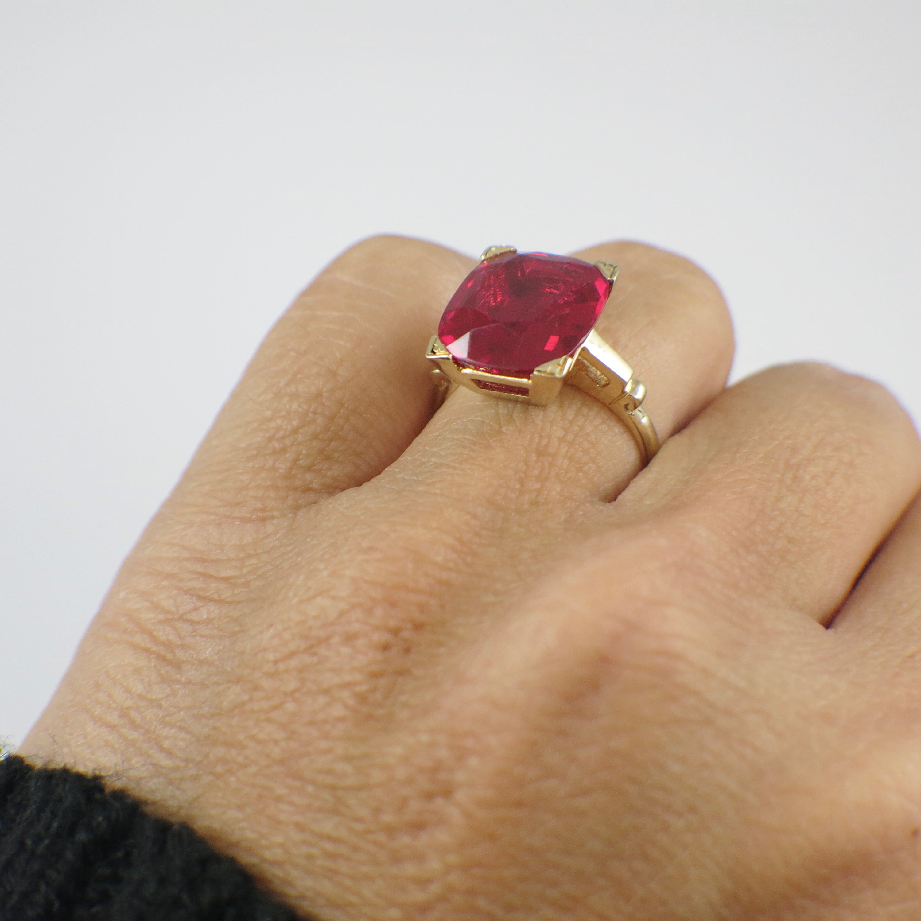 14K Yellow Gold Cushion Synthetic Ruby Prong Set Ring – Bold Statement Jewelry