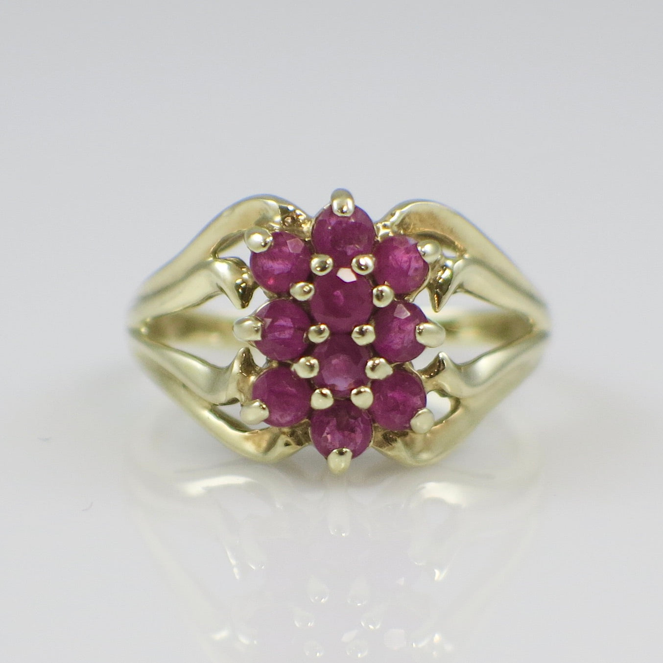 10K Yellow Gold Natural Ruby Cluster Ring – Floral Statement Jewelry
