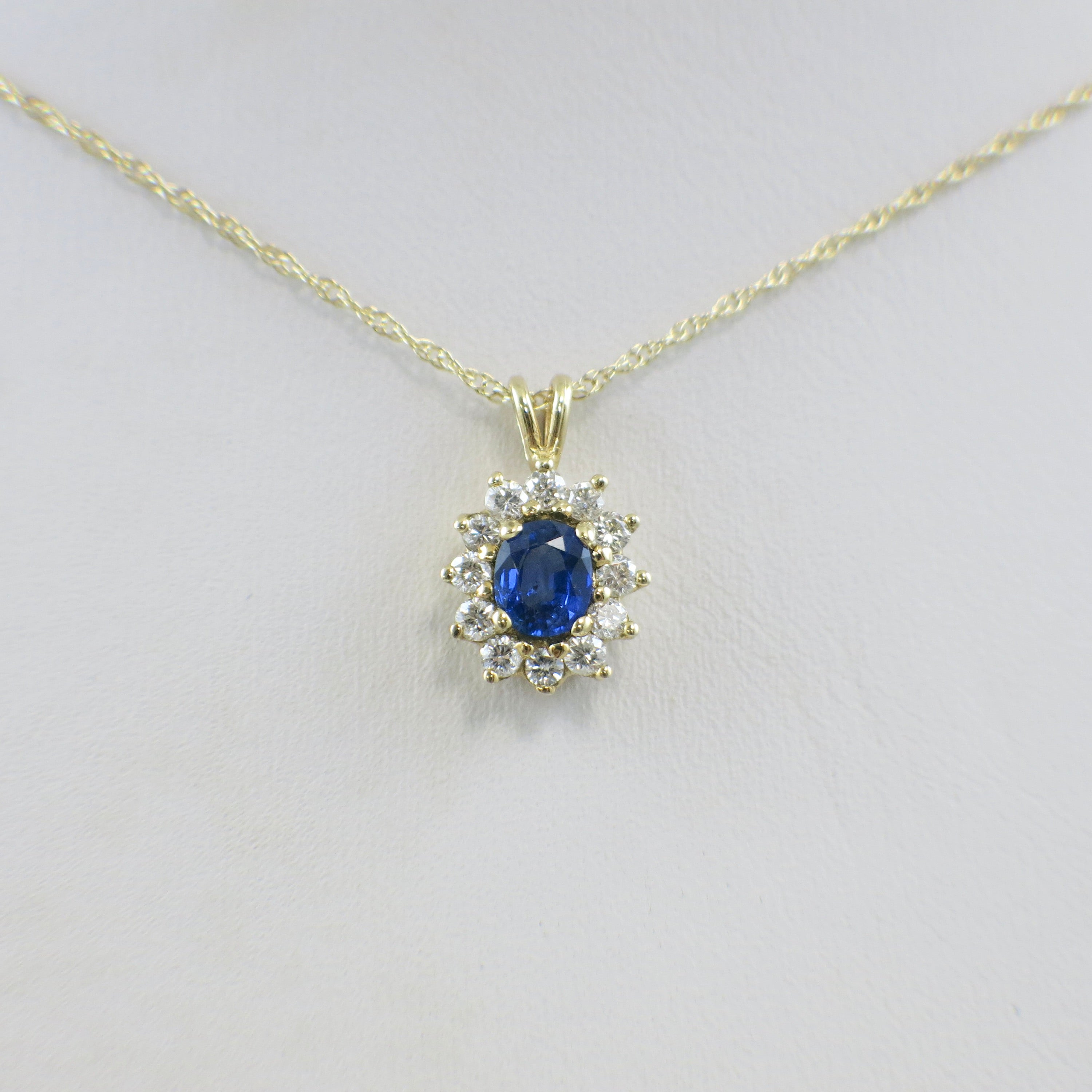 14K Yellow Gold Oval Sapphire & Diamond Halo Necklace – 20 Inch, Blue Gemstone Pendant