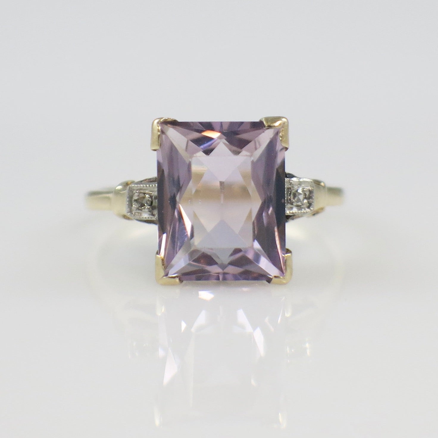 10K Yellow Gold Amethyst Emerald Cut Ring with Diamond Accents – Size 5.25 - Black Market LLC