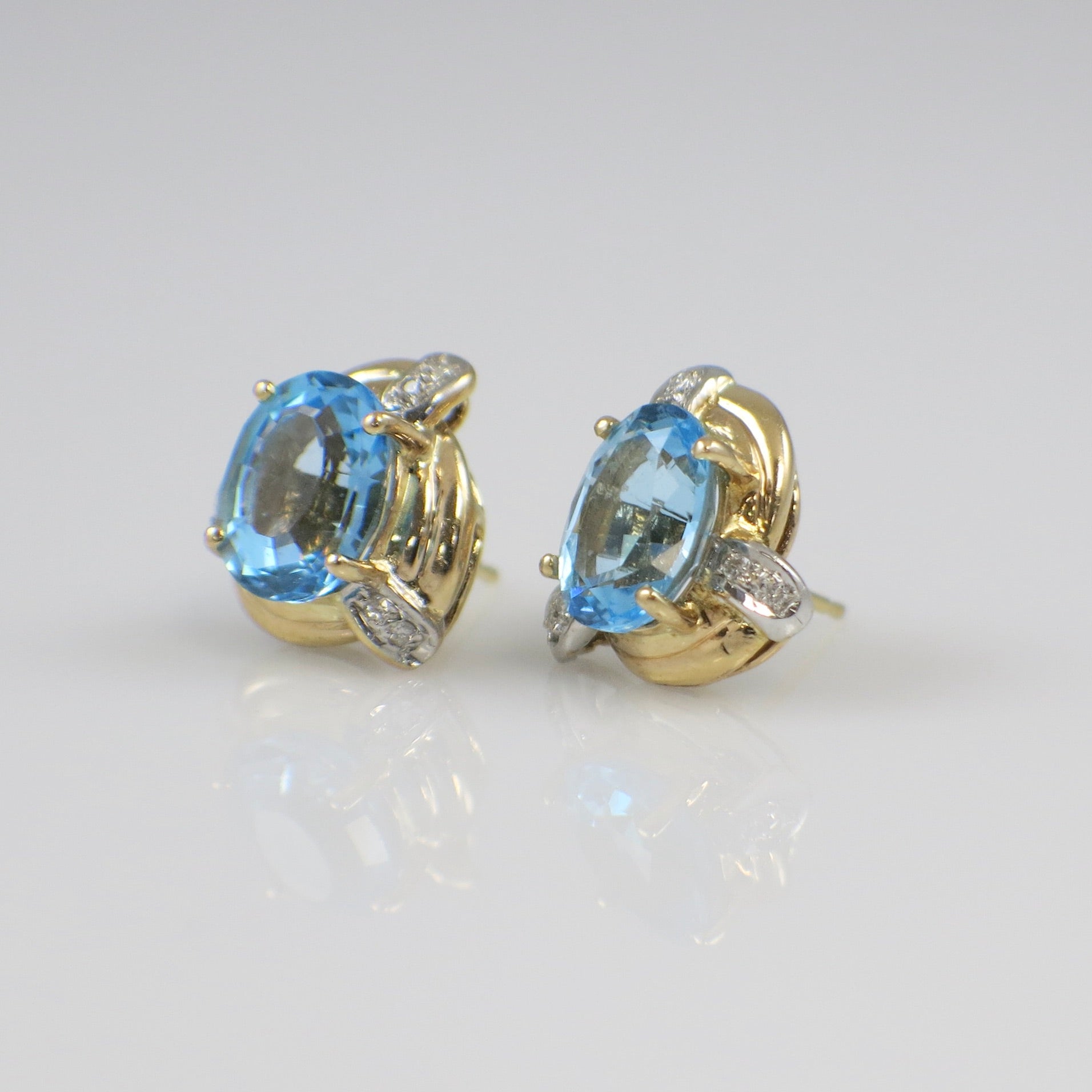 14K Yellow Gold Oval Blue Topaz and Diamond Earrings – Statement Studs