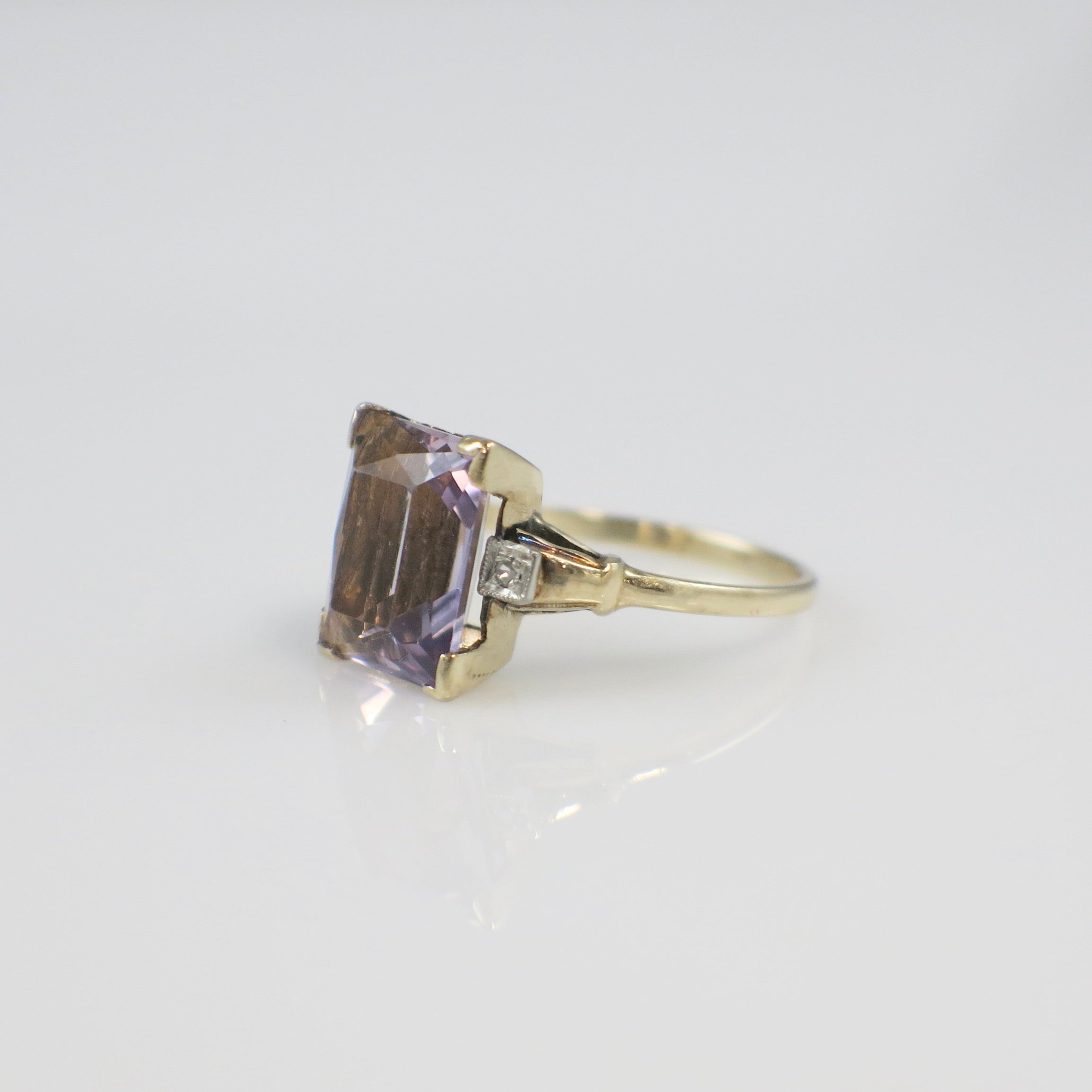 10K Yellow Gold Amethyst Emerald Cut Ring with Diamond Accents – Size 5.25 - Black Market LLC