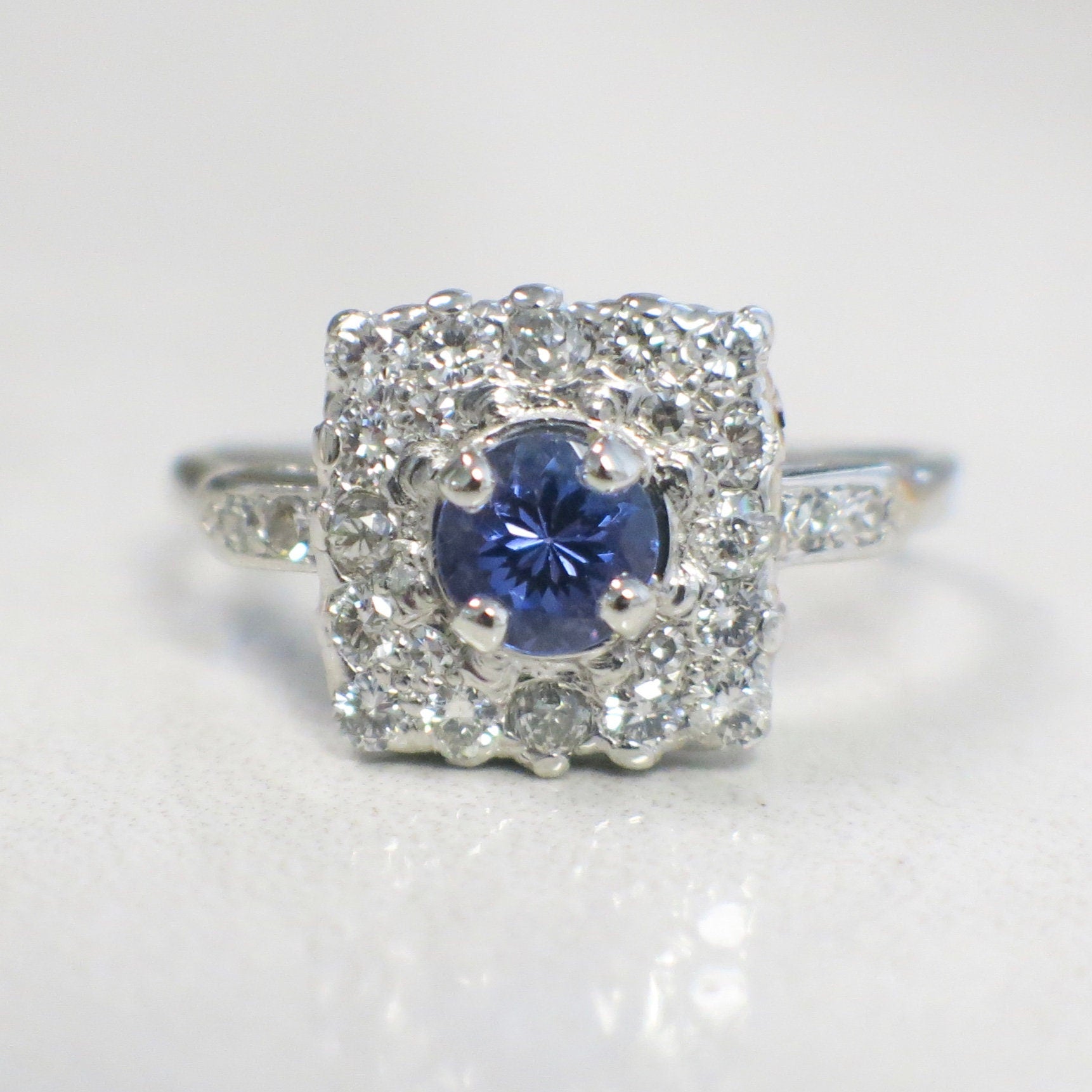 Vintage Platinum Tanzanite & Diamond Halo Ring – Square Cluster, .56 CTW Diamonds, Size 6.75 - Black Market LLC