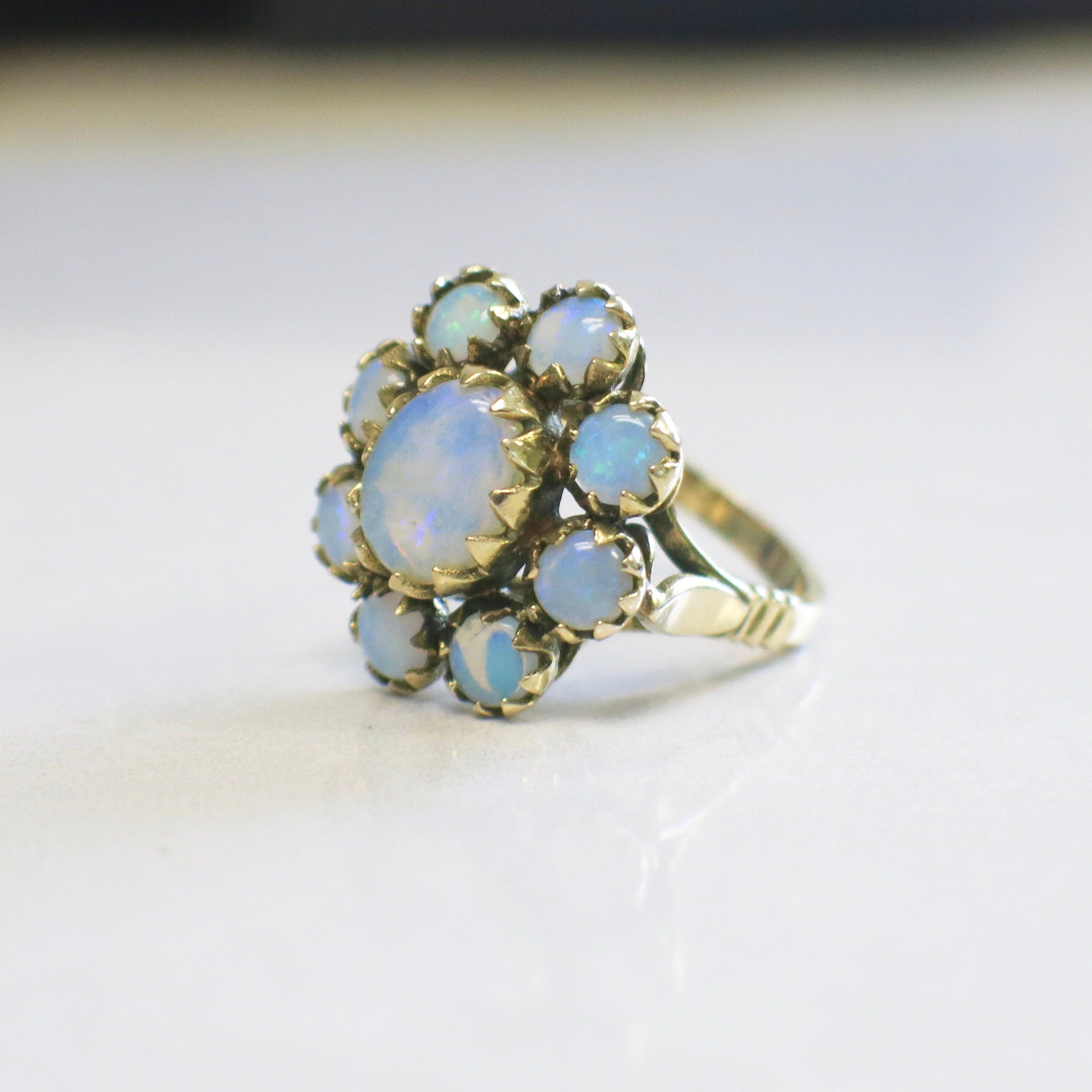 Vintage Opal Floral Cocktail Ring – 14K Yellow Gold, Large Play-of-Color Opal - Black Market LLC
