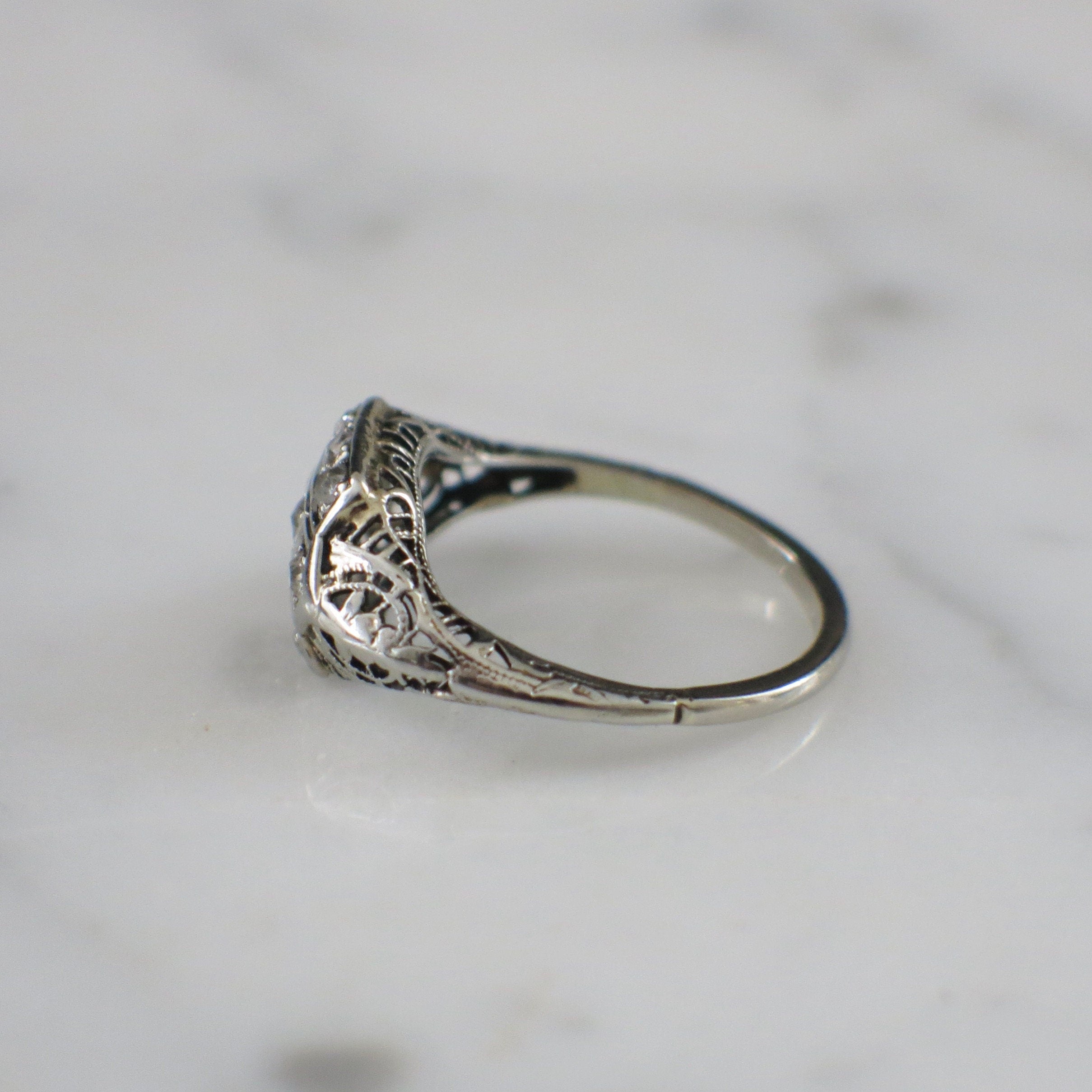 Art Deco Diamond Filigree Ring | 14K White Gold Vintage Engagement Ring .21 CTW Size 6.5 - Black Market LLC