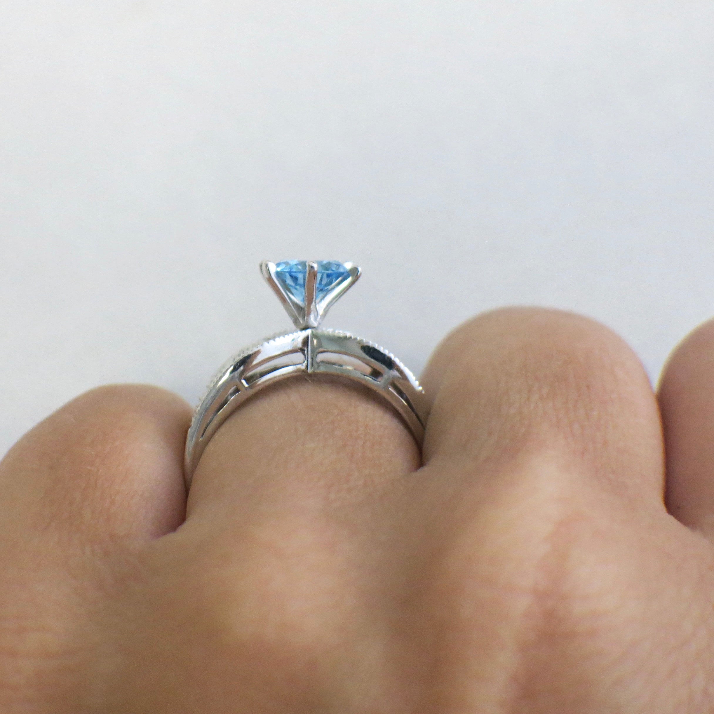 10K White Gold Blue Glass & Diamond Ring | Vintage-Inspired Scroll Design Size 7 - Black Market LLC