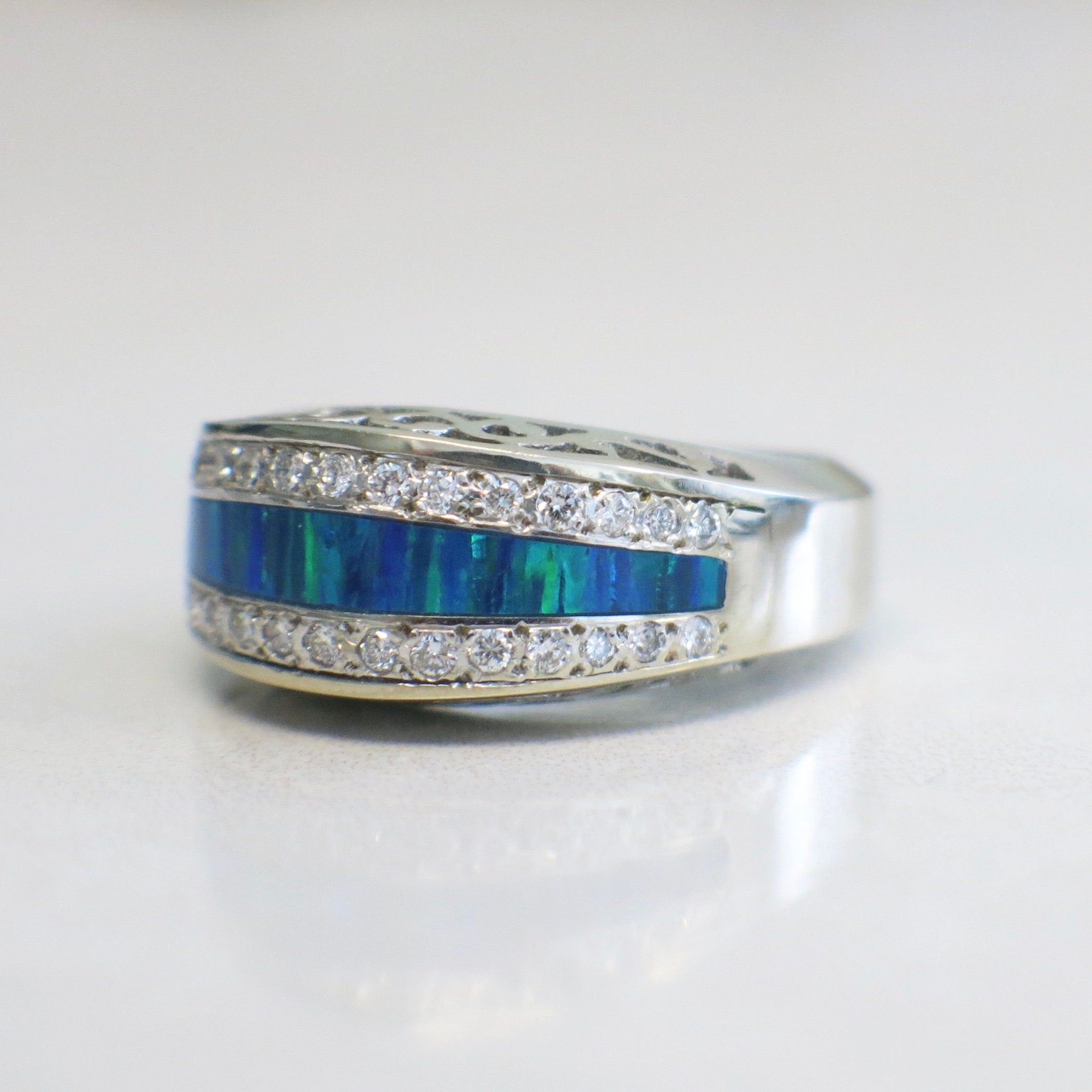 14K White Gold Australian Opal Inlay and Diamond Band, Vintage Filigree Ring - Black Market LLC