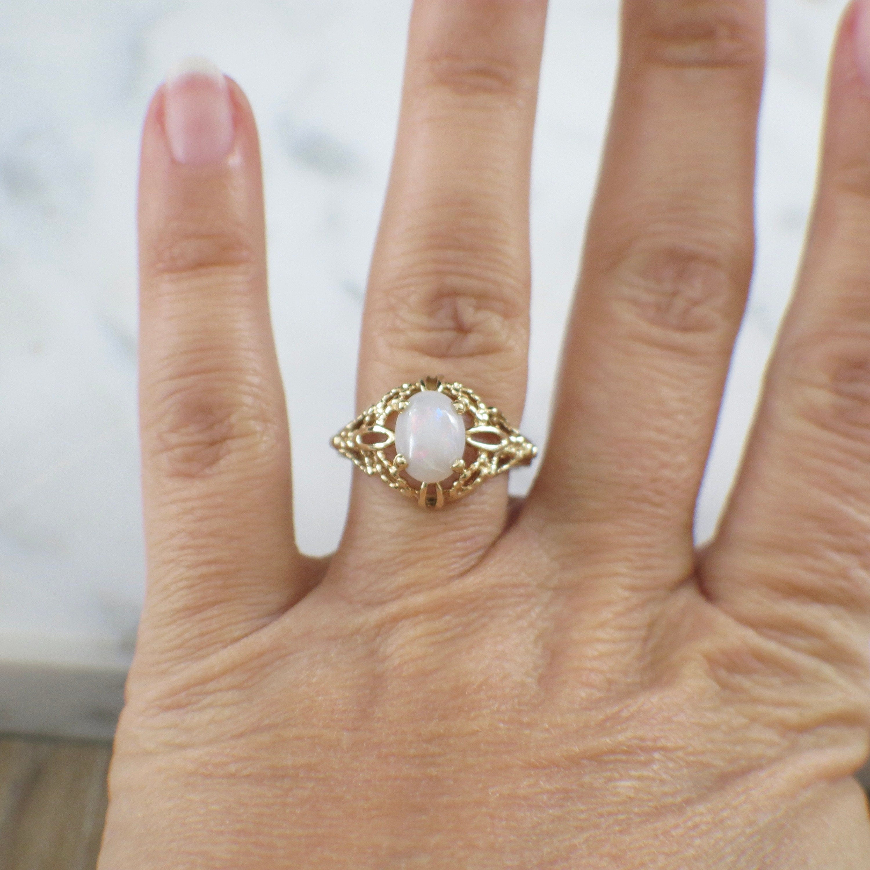 14K Yellow Gold Vintage Opal Ring | Oval Cabochon Fire Opal Filigree Setting Size 7 - Black Market LLC