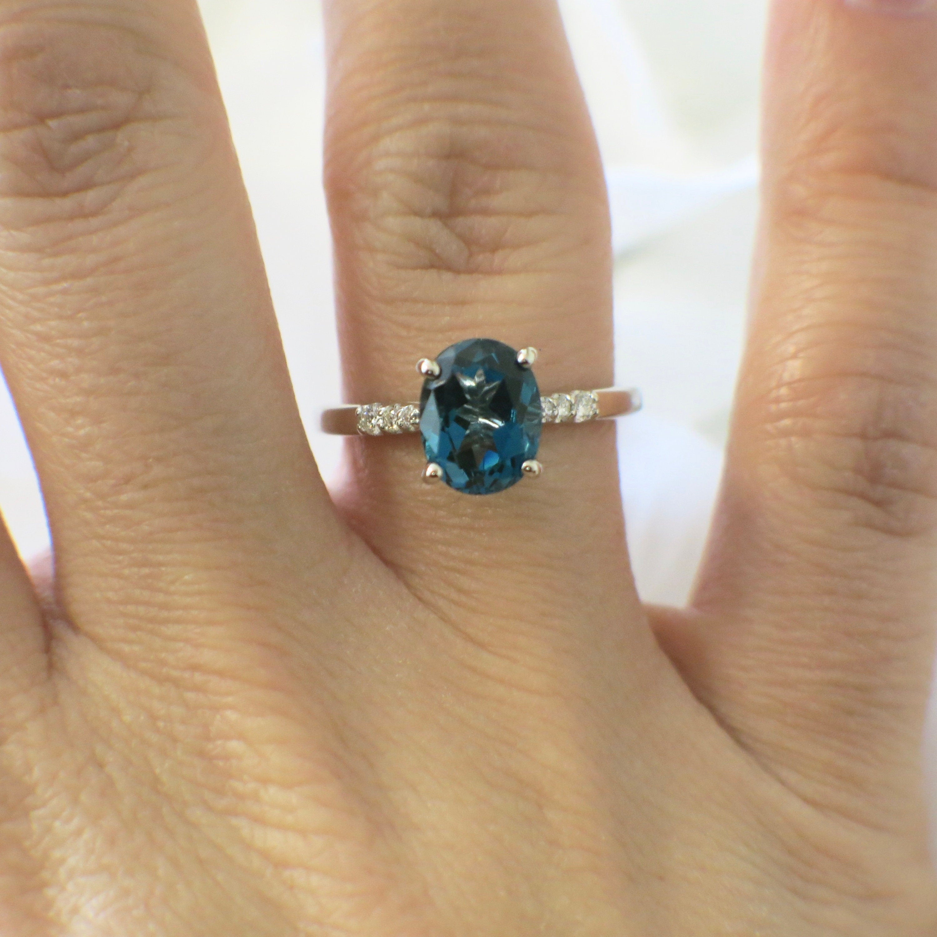 14K White Gold Oval Blue-Green Topaz & Diamond Ring | 9x7mm Alternative Engagement or Gift Size 7 - Black Market LLC
