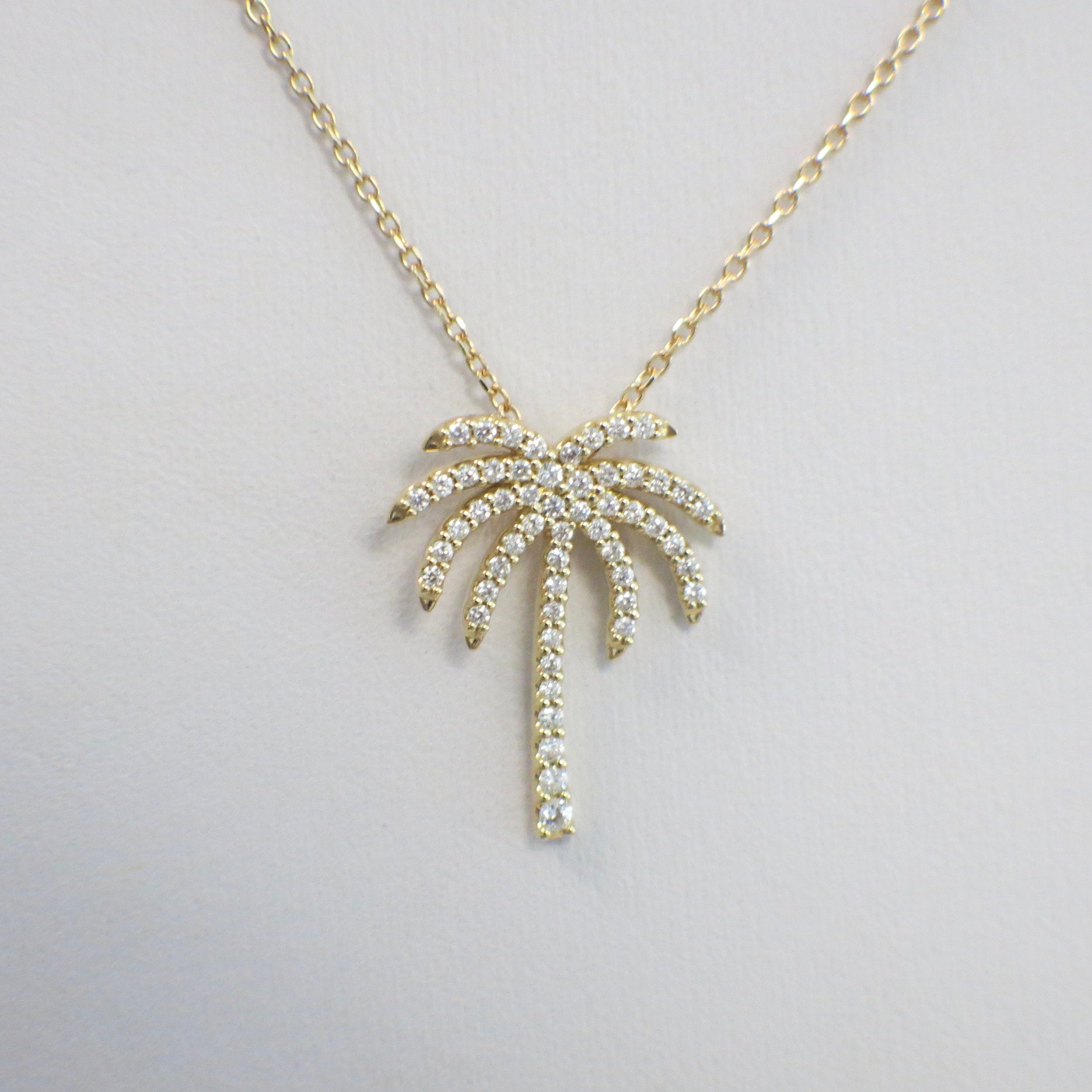 14K Yellow Gold Diamond Palm Tree Necklace – Beach Pendant, 16 Inch Chain - Black Market LLC