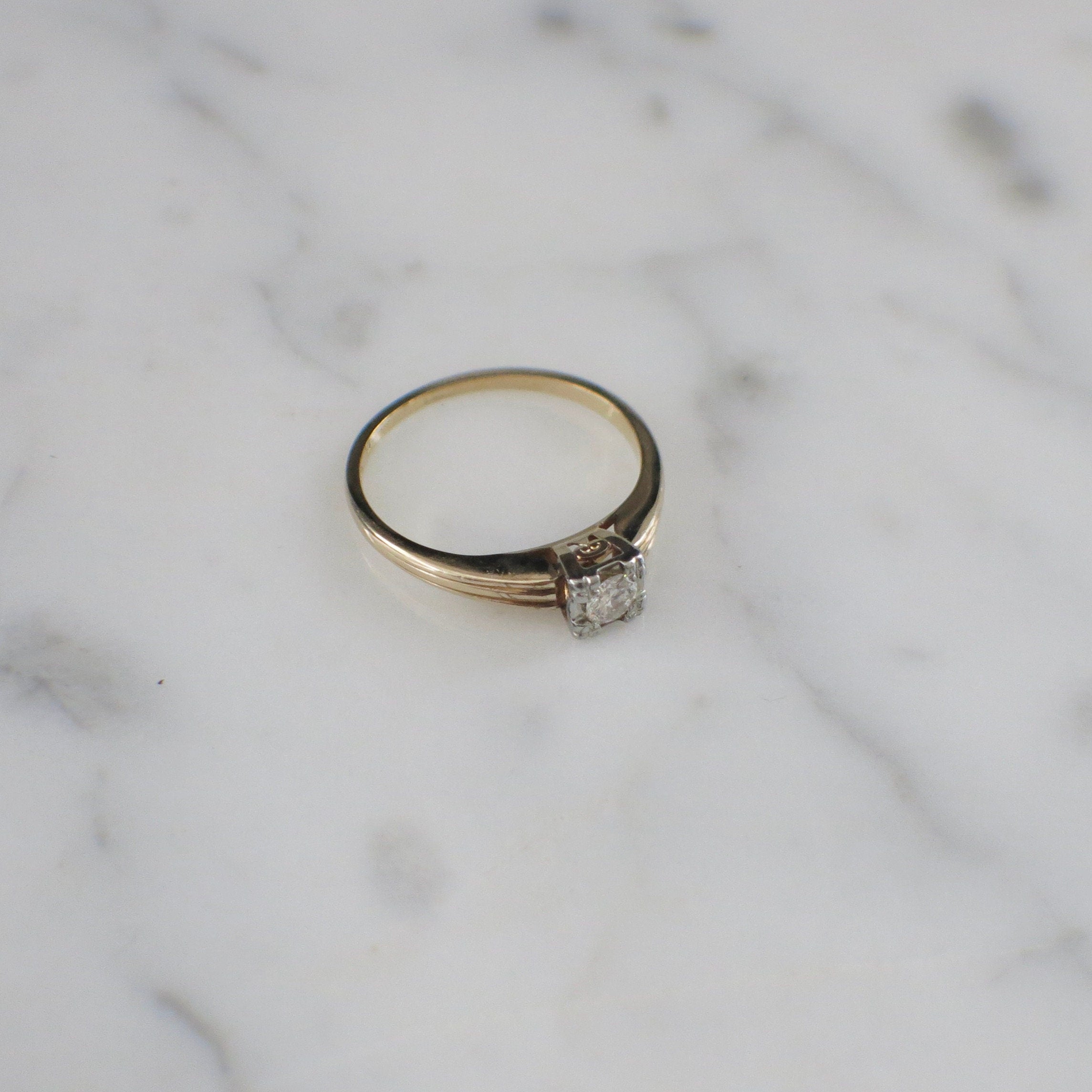 Vintage .20 CT Diamond Solitaire Ring | 14K Yellow Gold Ribbed Band Engagement Size 6.25 - Black Market LLC