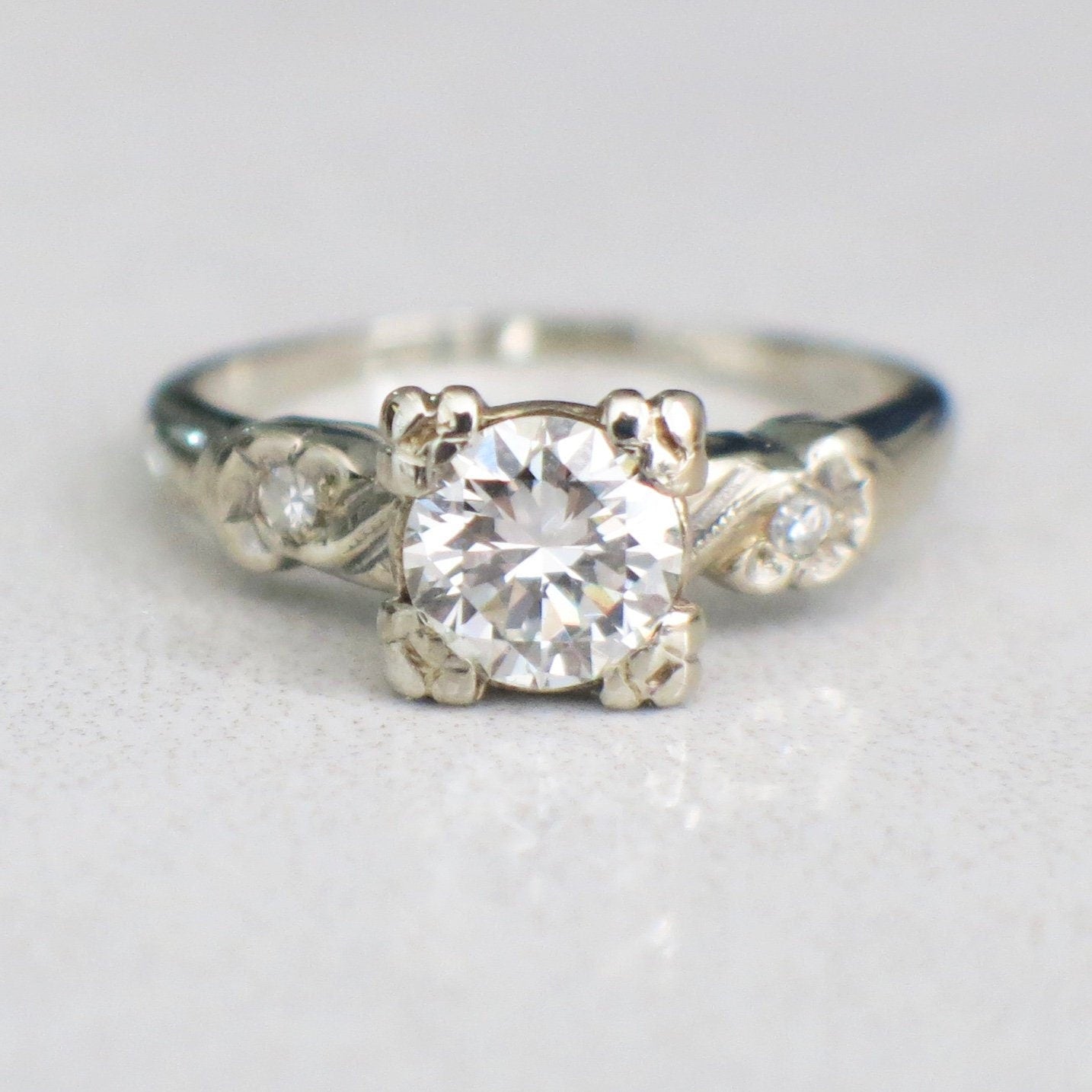 Vintage 14K White Gold Diamond Engagement Ring – .75 CT Center, Floral Accents, Size 5 - Black Market LLC