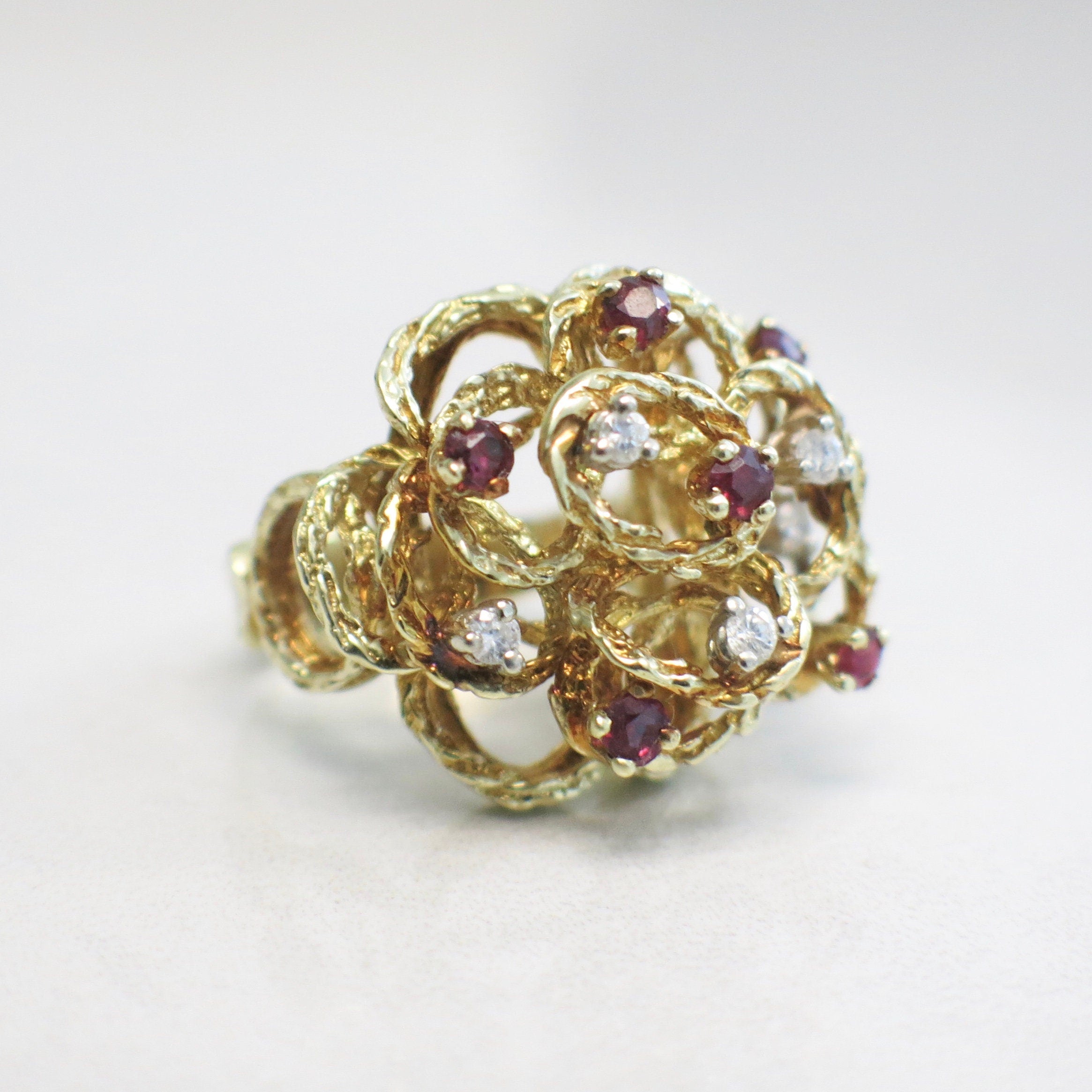 Vintage 14K Yellow Gold Ruby Diamond Flower Ring – Handmade Cluster Cocktail Ring, Size 8 - Black Market LLC