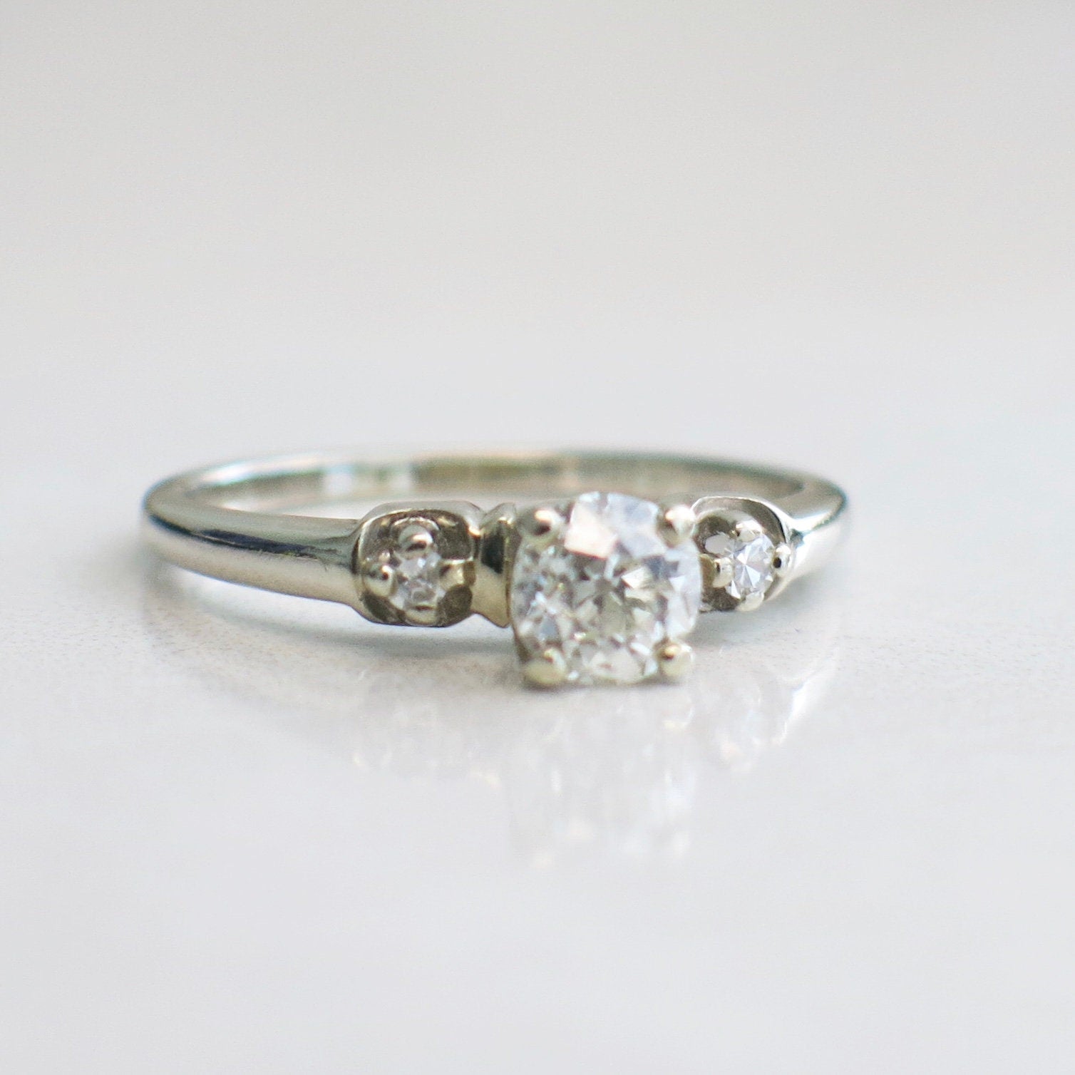 14K White Gold Old European Cut Diamond Engagement Ring | Vintage Antique Solitaire Style Size 7.5 - Black Market LLC