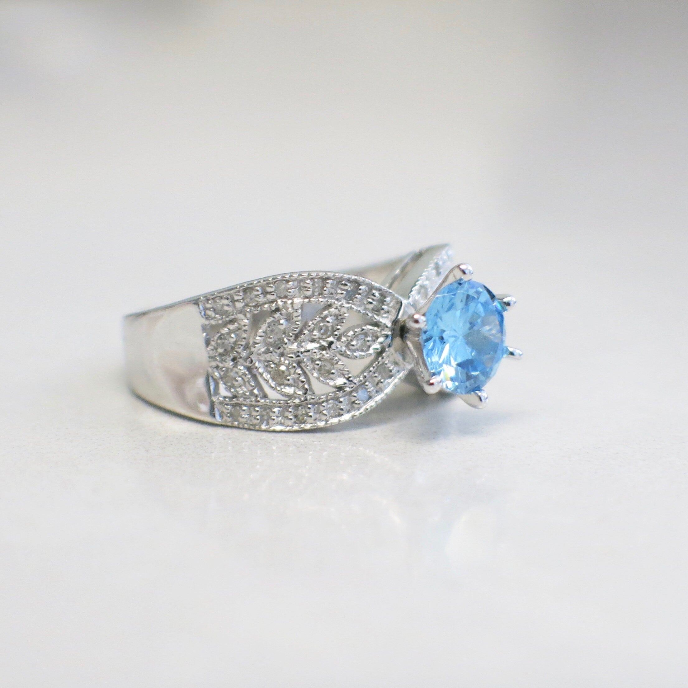 10K White Gold Blue Glass & Diamond Ring | Vintage-Inspired Scroll Design Size 7 - Black Market LLC