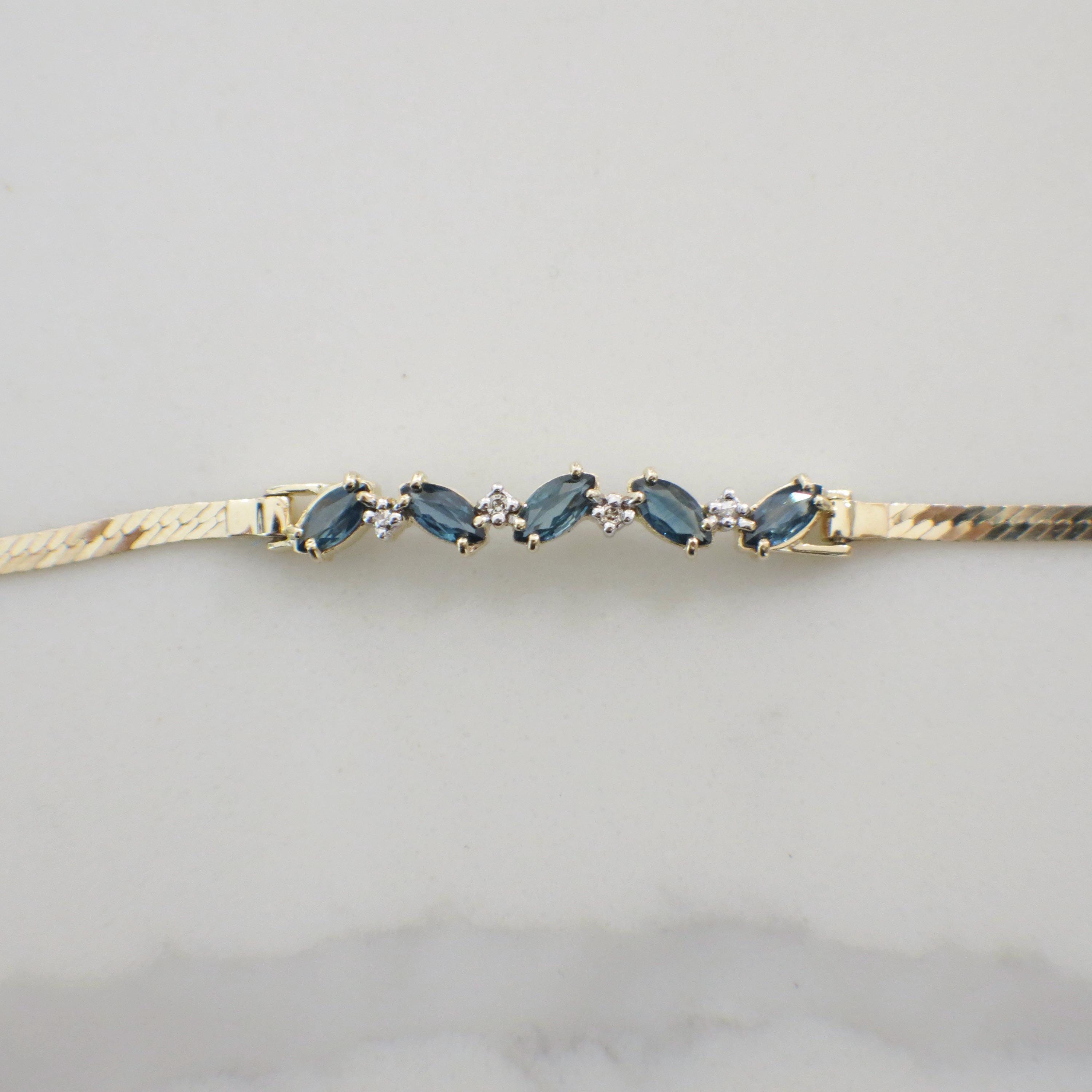 14K Yellow Gold Marquise Sapphire & Diamond Bracelet | Vintage Alternating Blue Gemstone Design 7 Inch - Black Market LLC