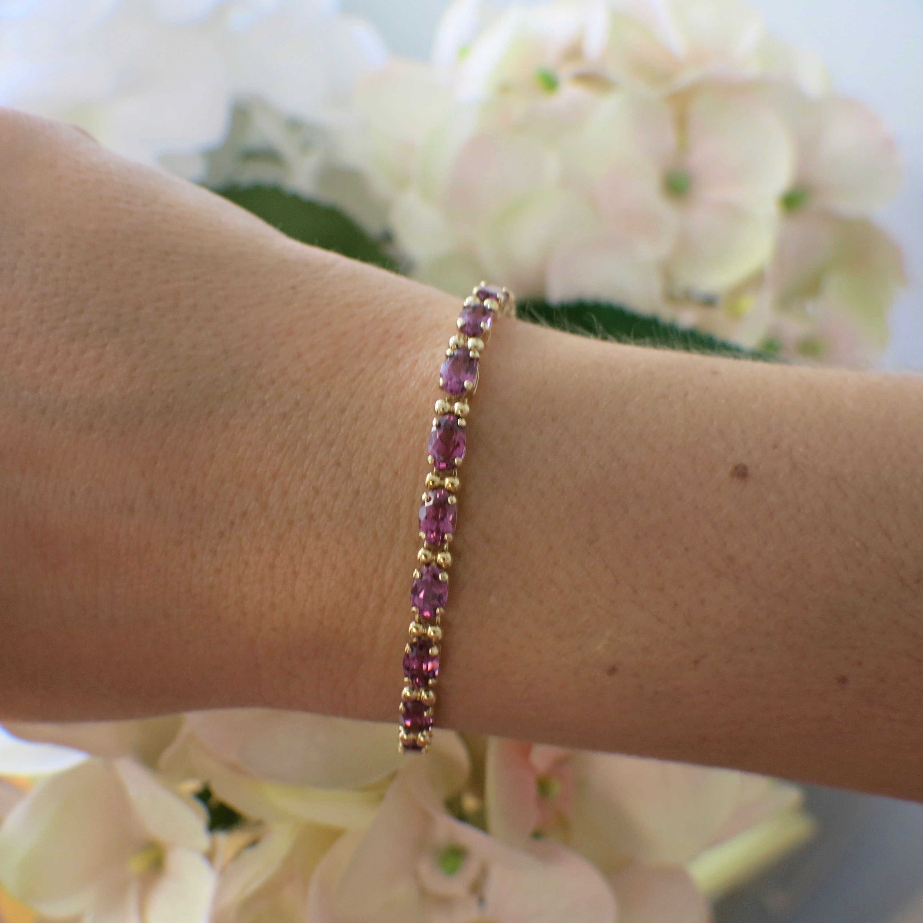 14K Yellow Gold Rhodolite Garnet Tennis Bracelet – Oval East-West Set, 7.25" - Black Market LLC