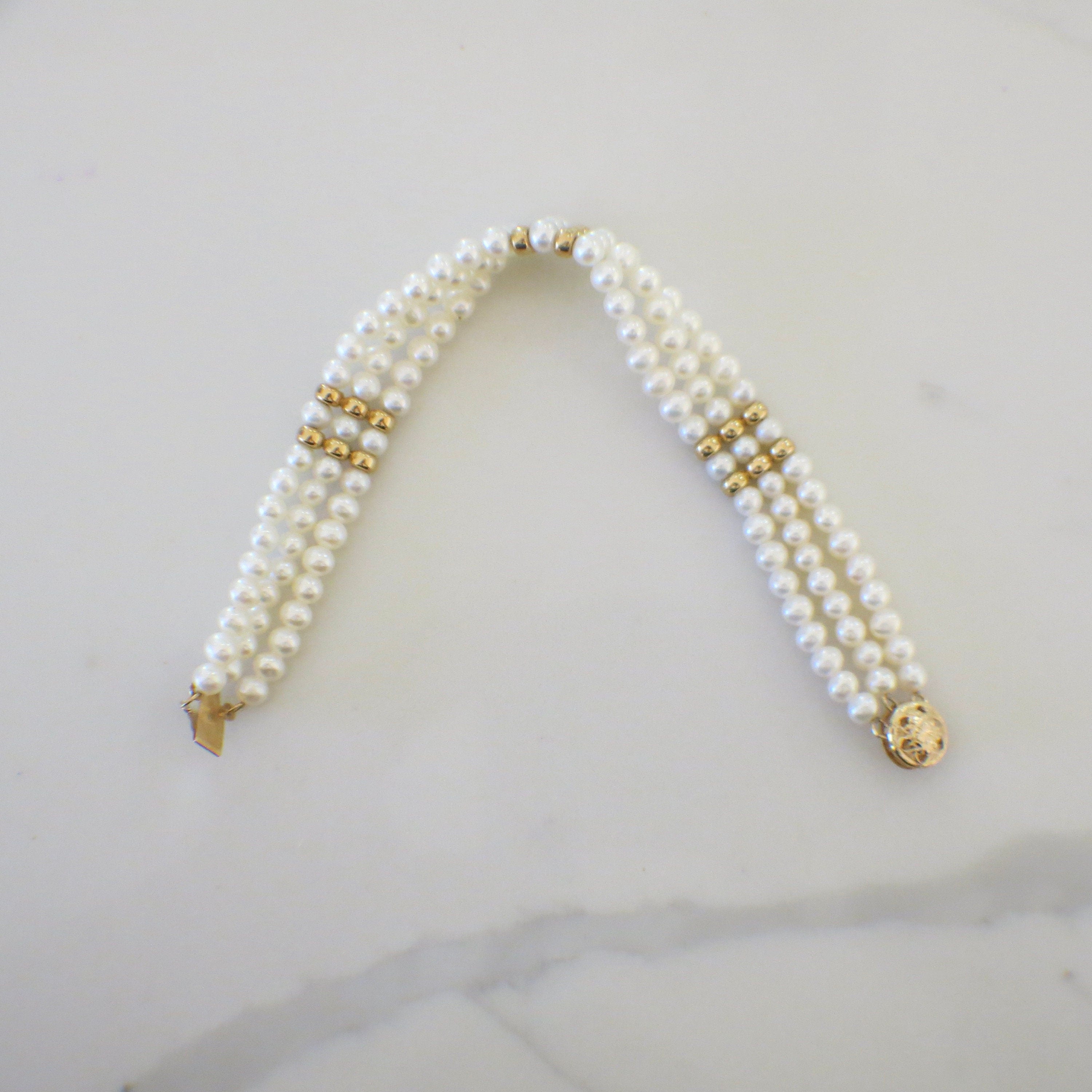 Three-Strand Pearl Bracelet | 14K Yellow Gold Beads & Filigree Clasp | 7 Inch - Black Market LLC