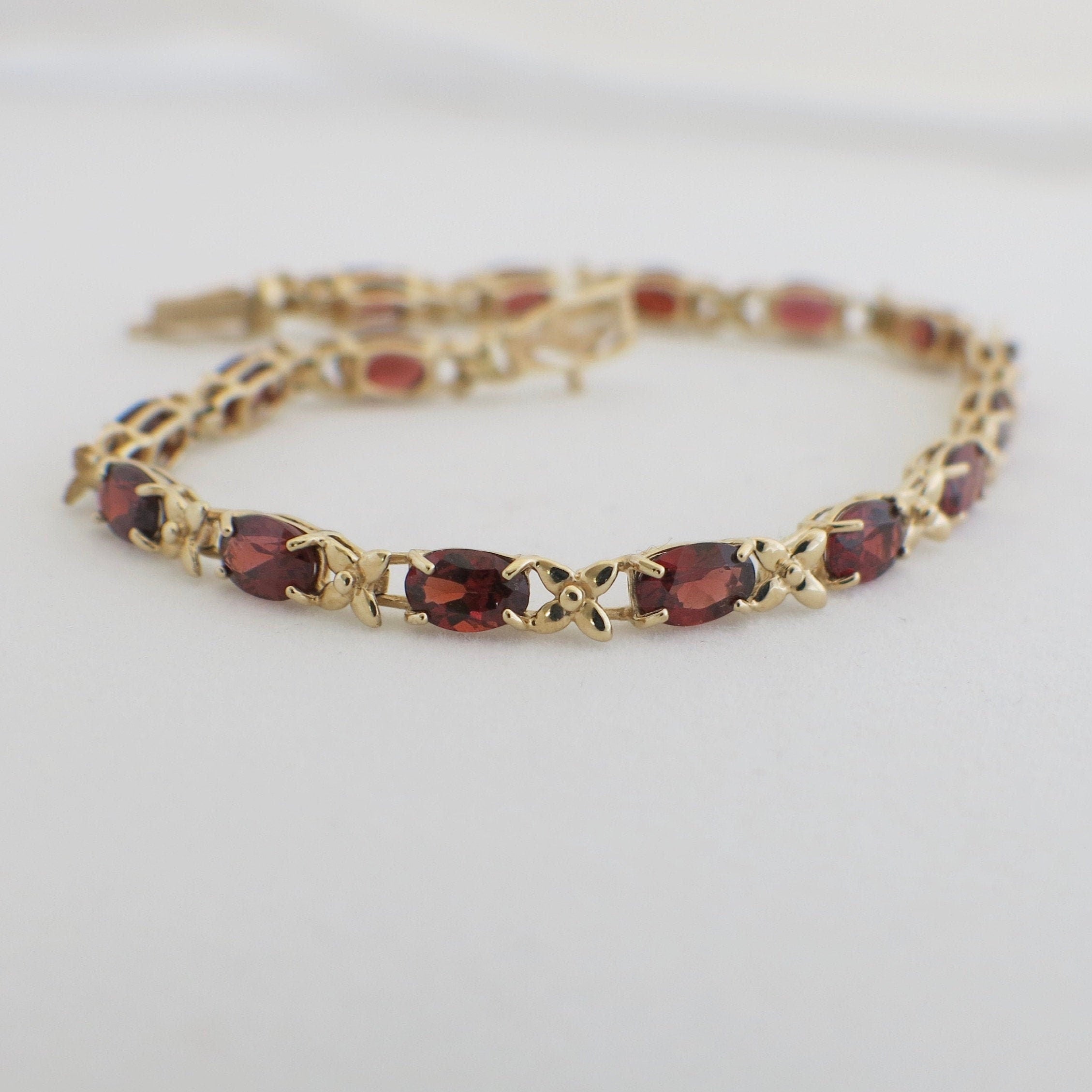 Vintage 10K Yellow Gold Garnet X Tennis Bracelet | 7 Inch January Birthstone Jewelry - Black Market LLC