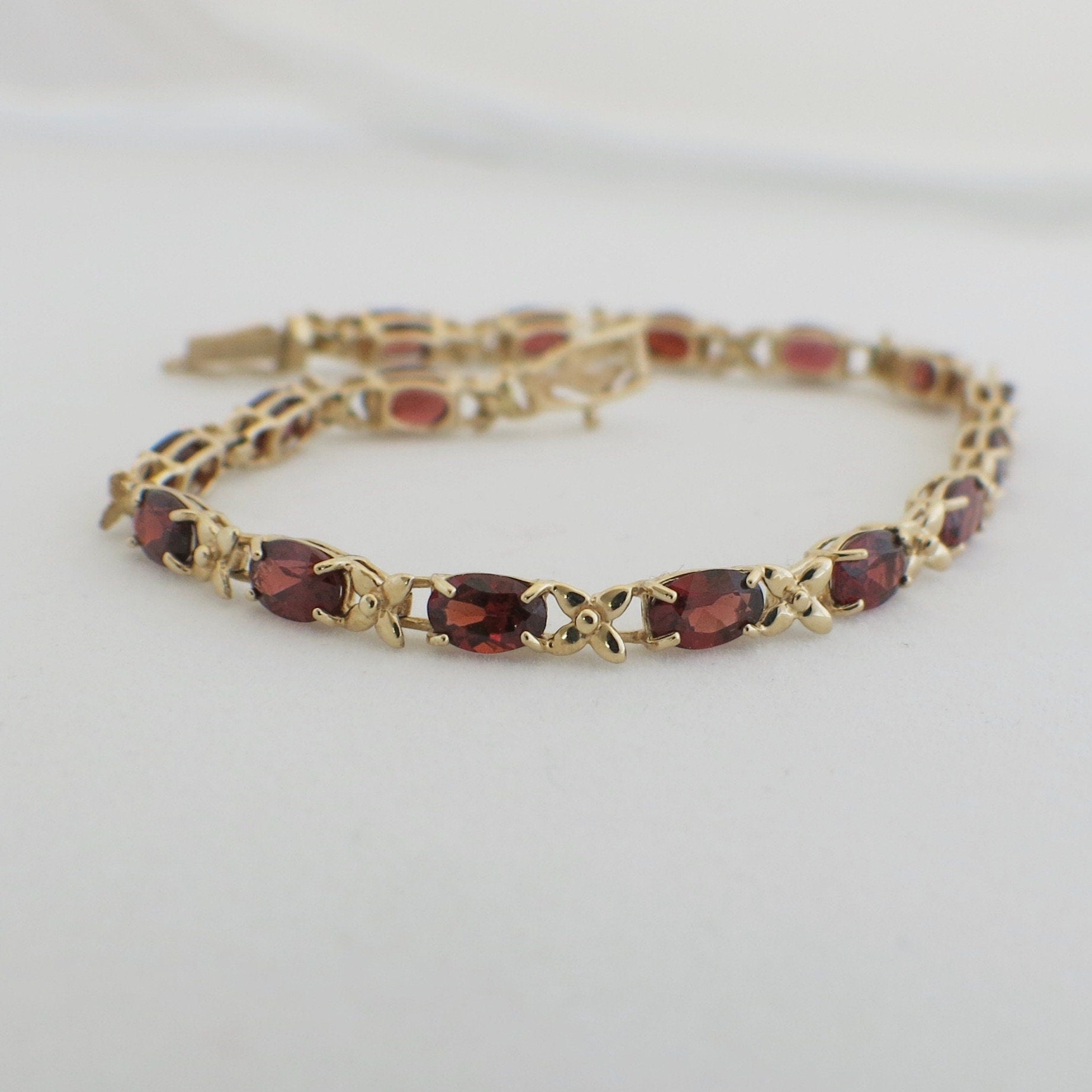 Vintage 10K Yellow Gold Garnet X Tennis Bracelet | 7 Inch January Birthstone Jewelry - Black Market LLC